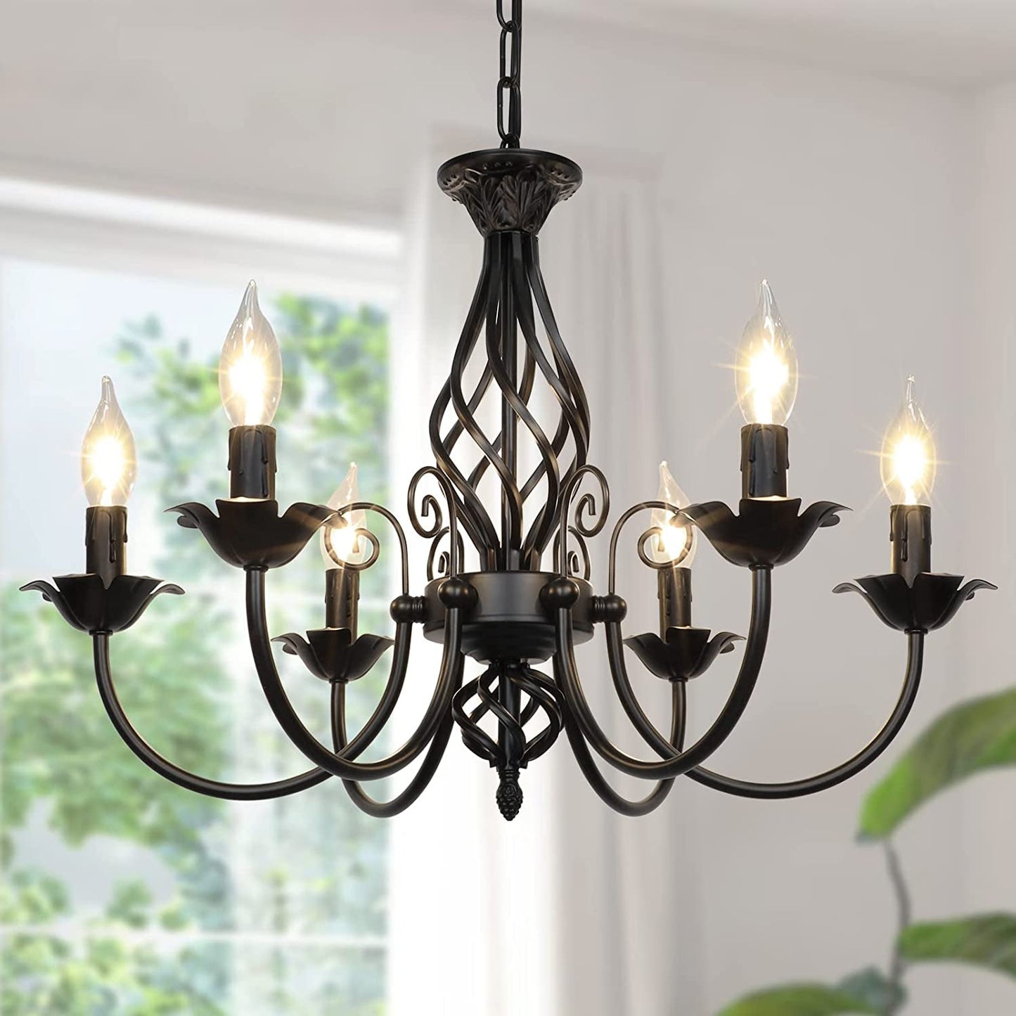 Six Light Matte Black Farmhouse Ceiling Chandelier Fixture featuring elegant design and warm ambiance.