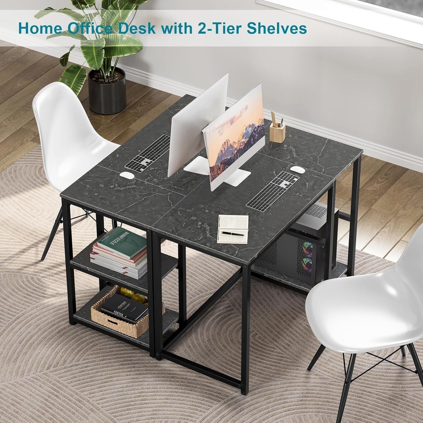 40 Inch Computer Desk With Two Tier Shelves Black Marbling