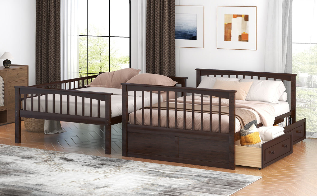 Full Over Full Bunk Bed With Drawers, Convertible Beds, Gray