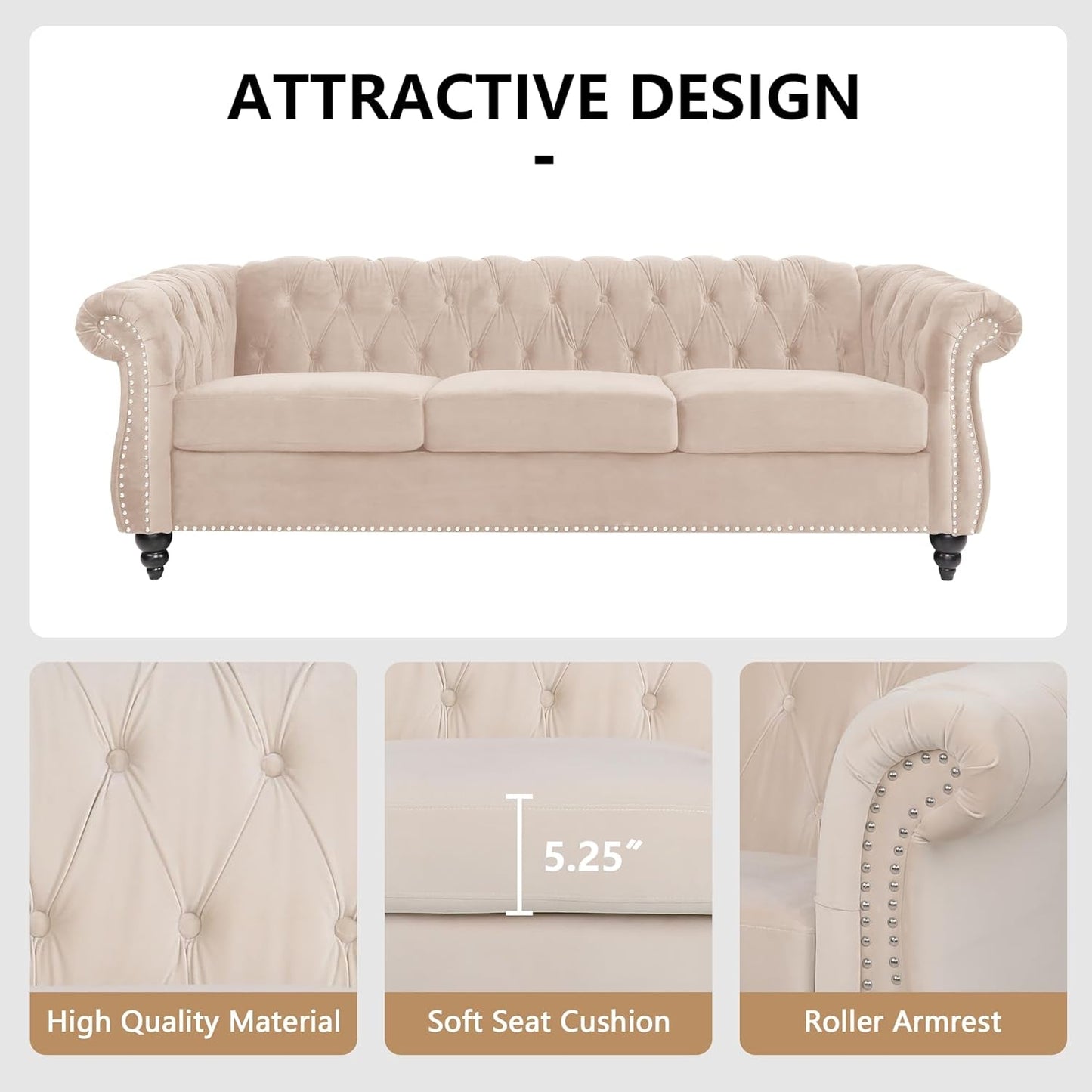 Beige Velvet 3 Piece Living Room Set With Chesterfield Sectional Sofa And Loveseat