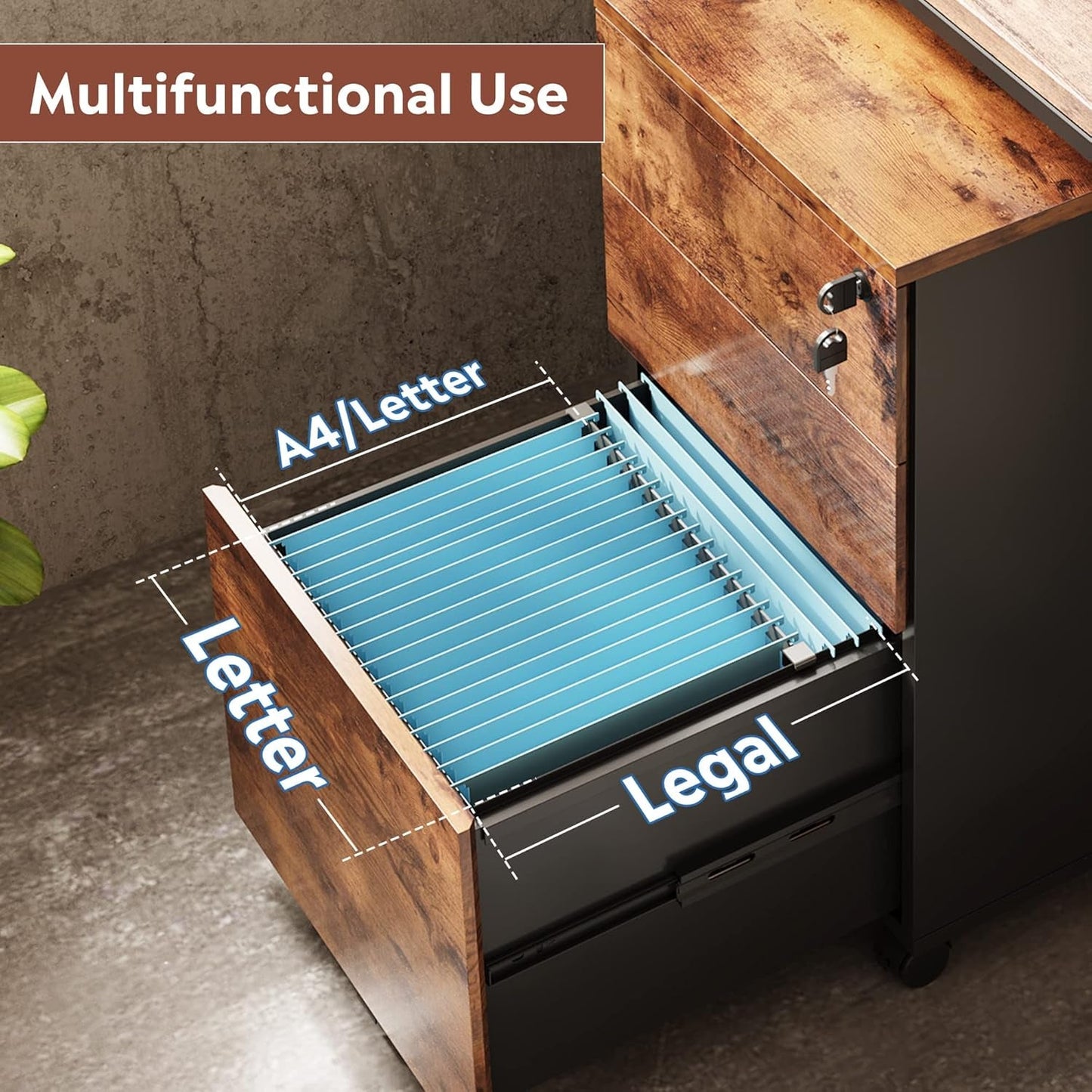 3 Drawer Rolling File Cabinet With Lock For Home Office Organization And Secure Document Storage