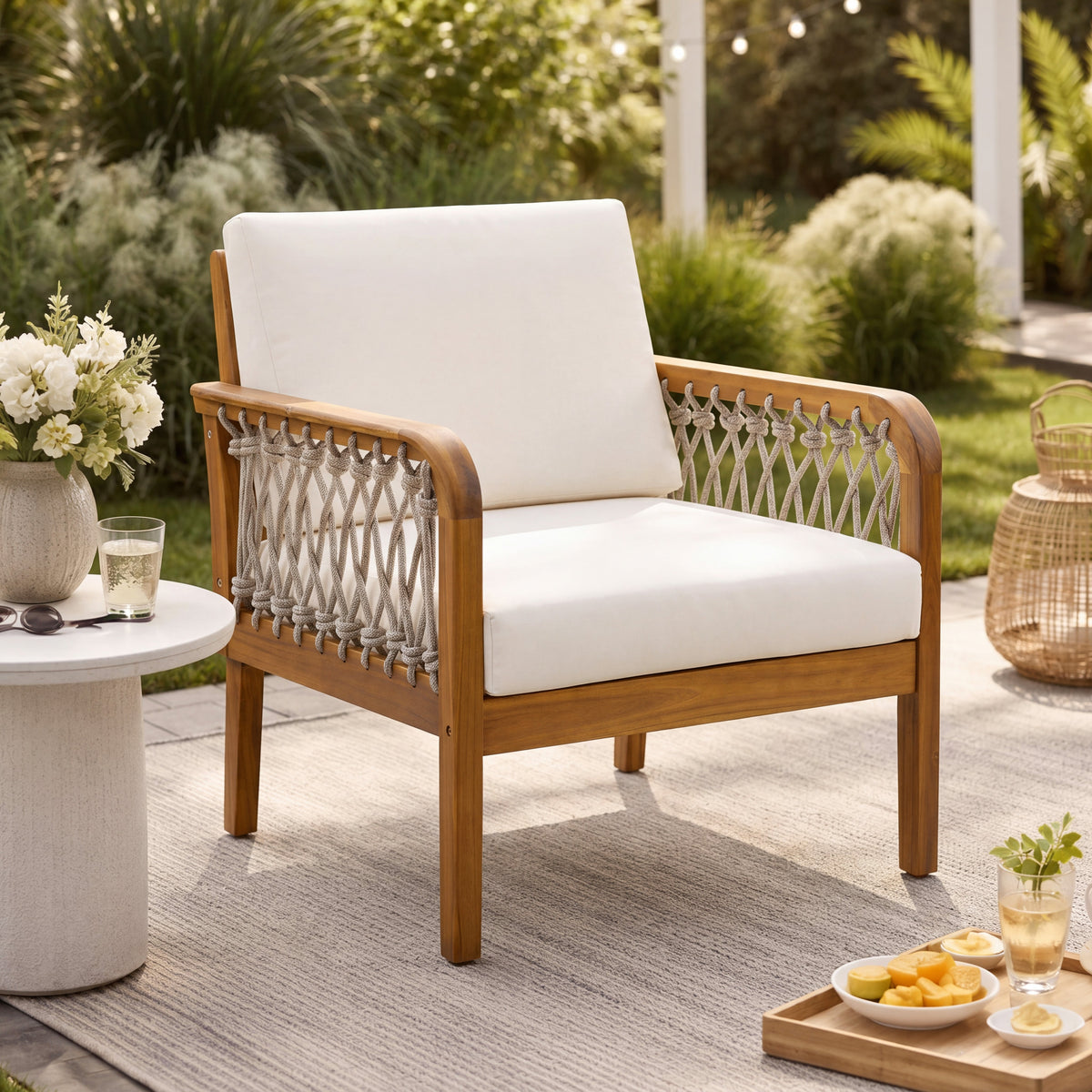 Outdoor Acacia Wood Club Chair with Handwoven Rope