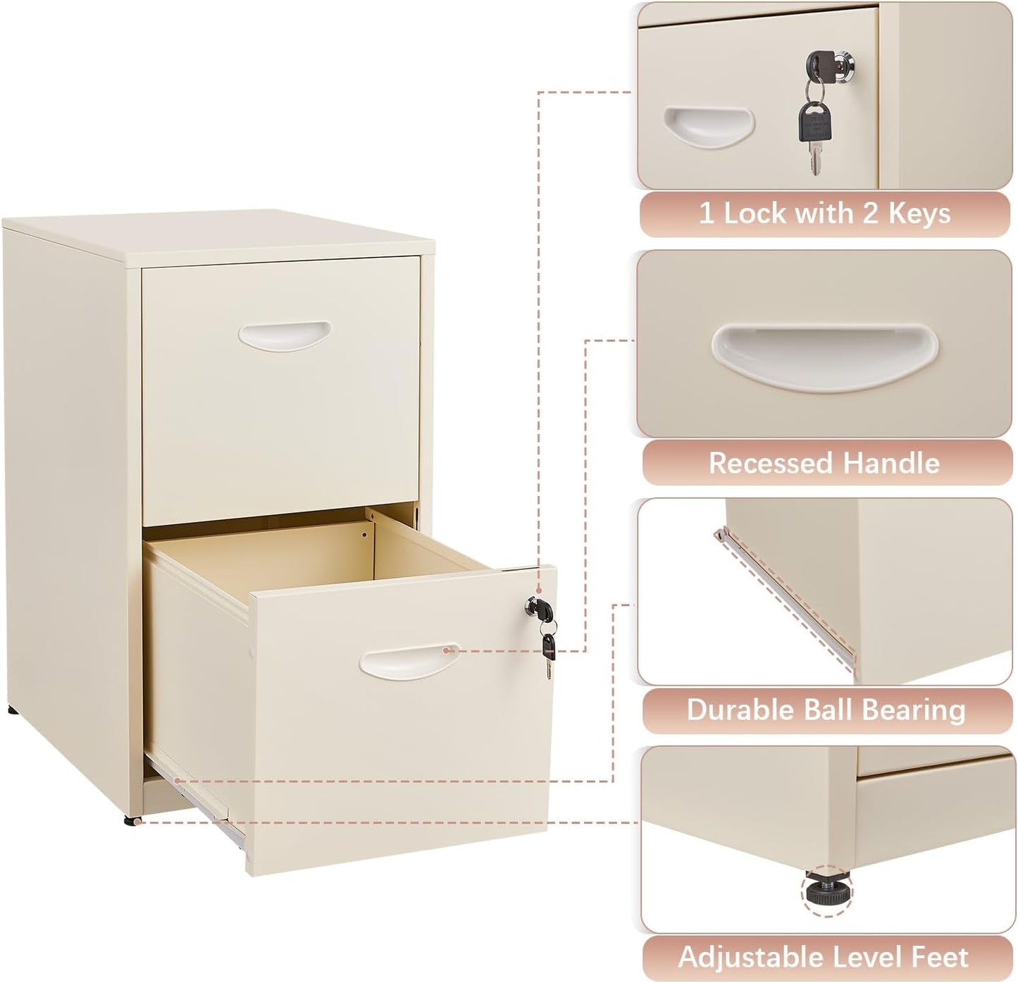 Cream Color 2 Drawer File Cabinet With Lock For Letter Size