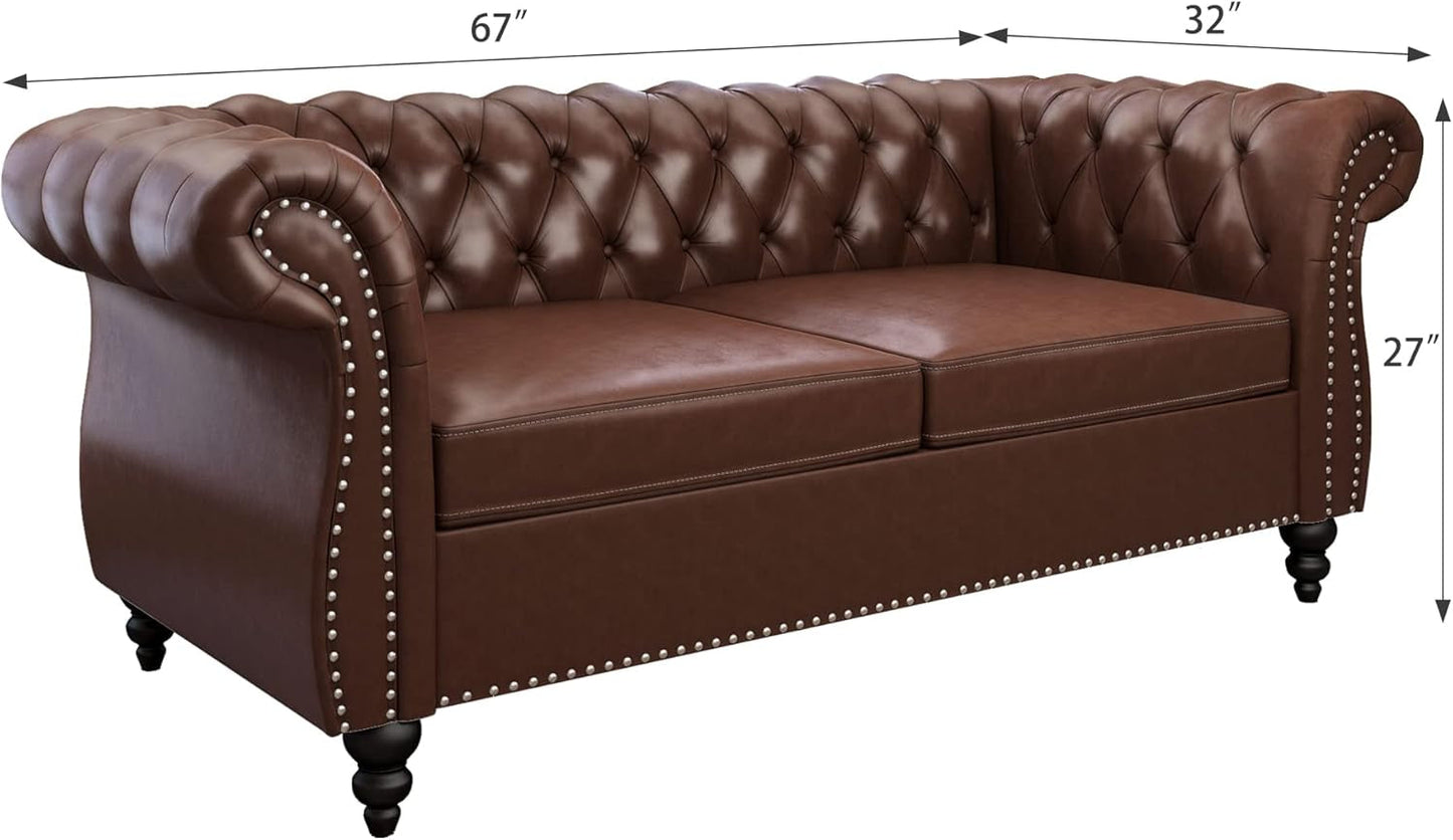 3 Piece Chesterfield Leather Living Room Set Sofa Loveseat Chair Dark Brown with Scroll Arms and Nailhead