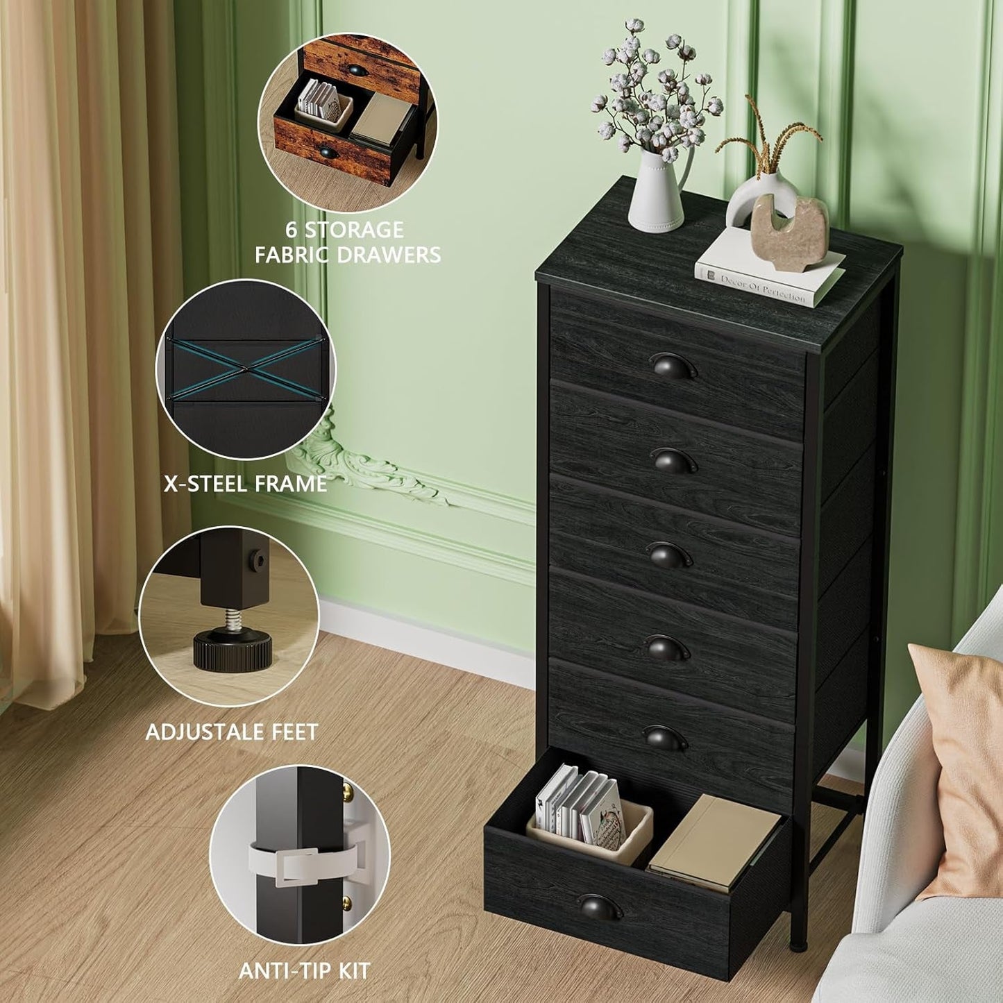 Tall Dresser With 6 Drawers Black Vertical Nightstand