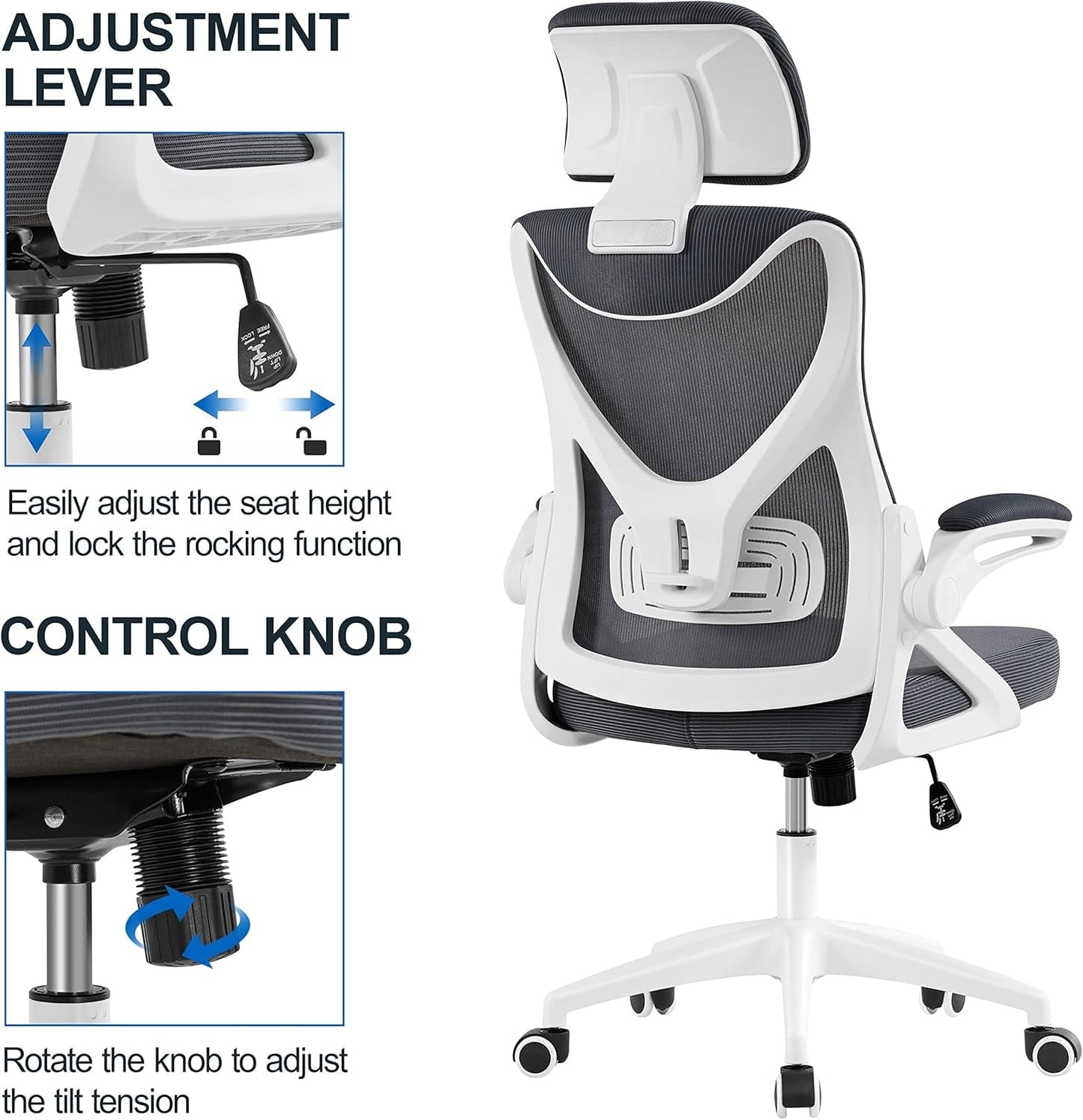 Ergonomic Mesh Office Chair White Gray With Flip Up Armrests