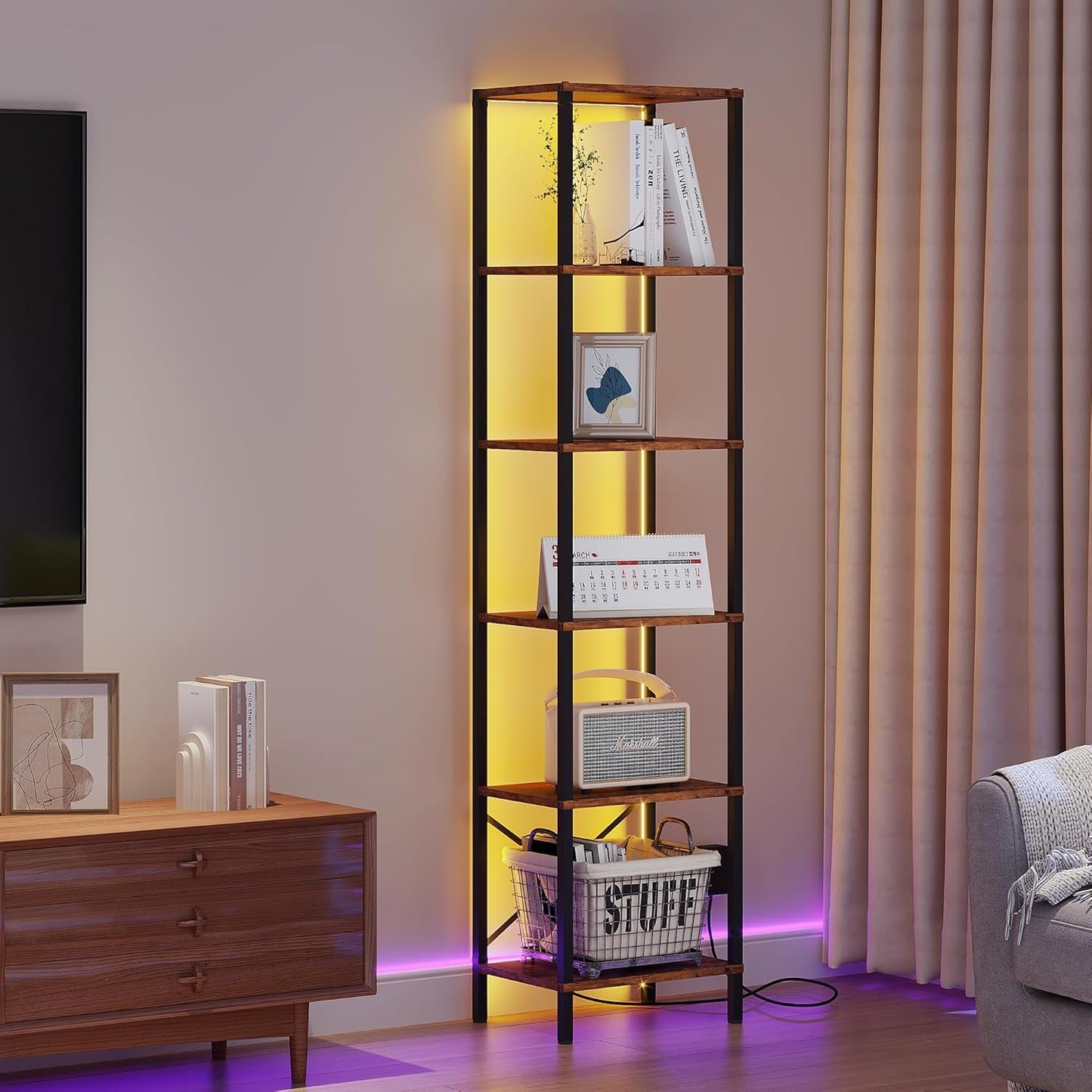 6 Tier Bookshelf With LED Lights In Rustic Brown Living Room