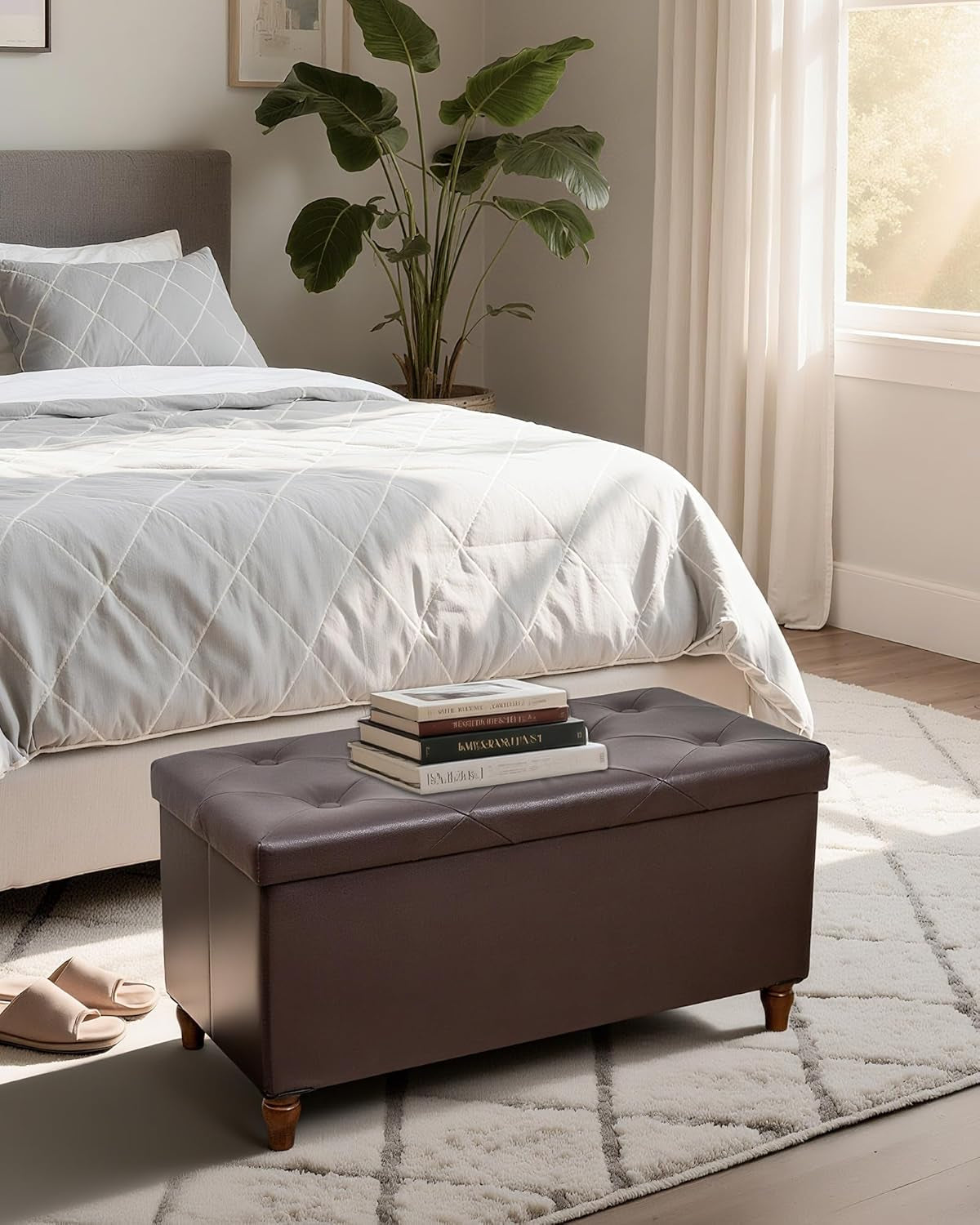 Thirty Inch Durable Storage Ottoman Bench Chest Brown