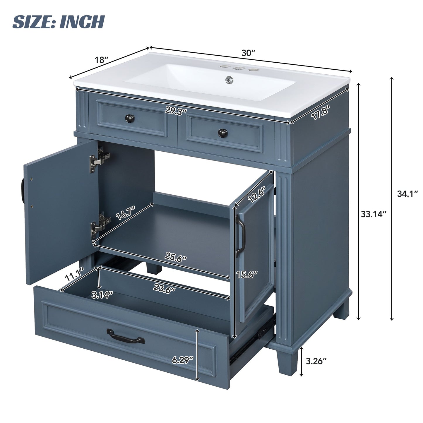 30'' Bathroom Vanity with Ceramic Sink and Soft Closing Doors