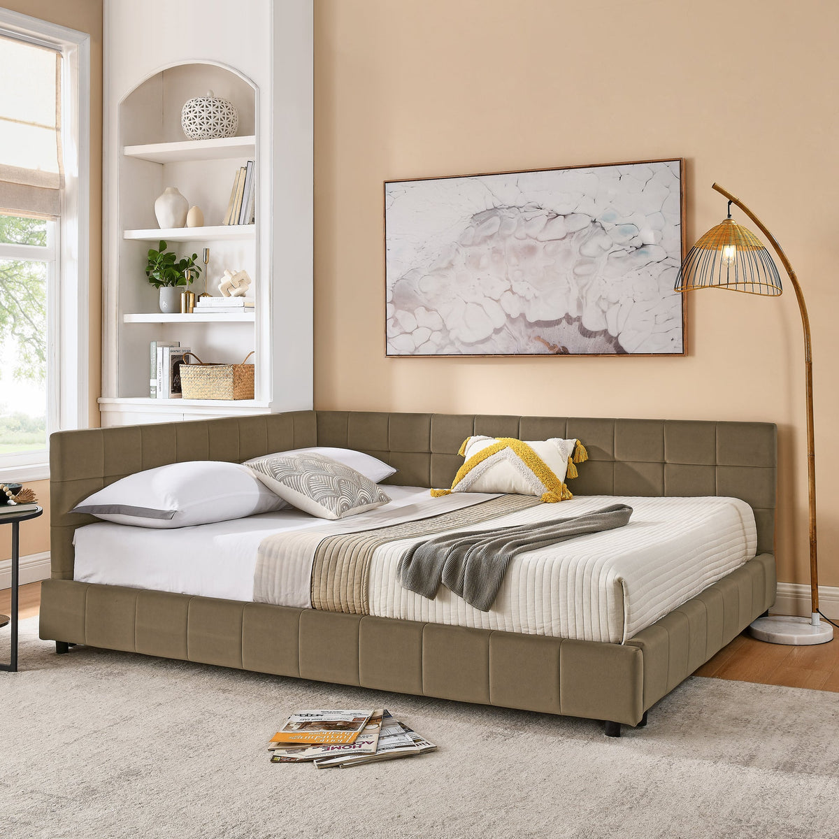 Queen Size Upholstered Tufted Bed Frame in Velvet Brown