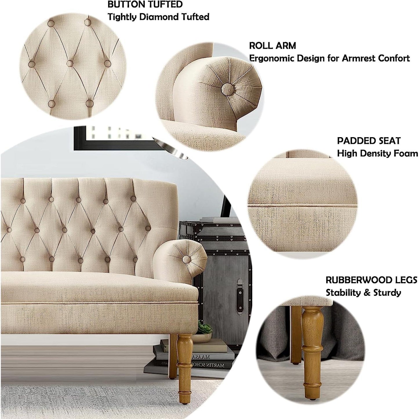 Warm Beige Tufted Linen Love Seat For Small Spaces features button tufting, roll arm design, padded seat, and rubberwood legs.
