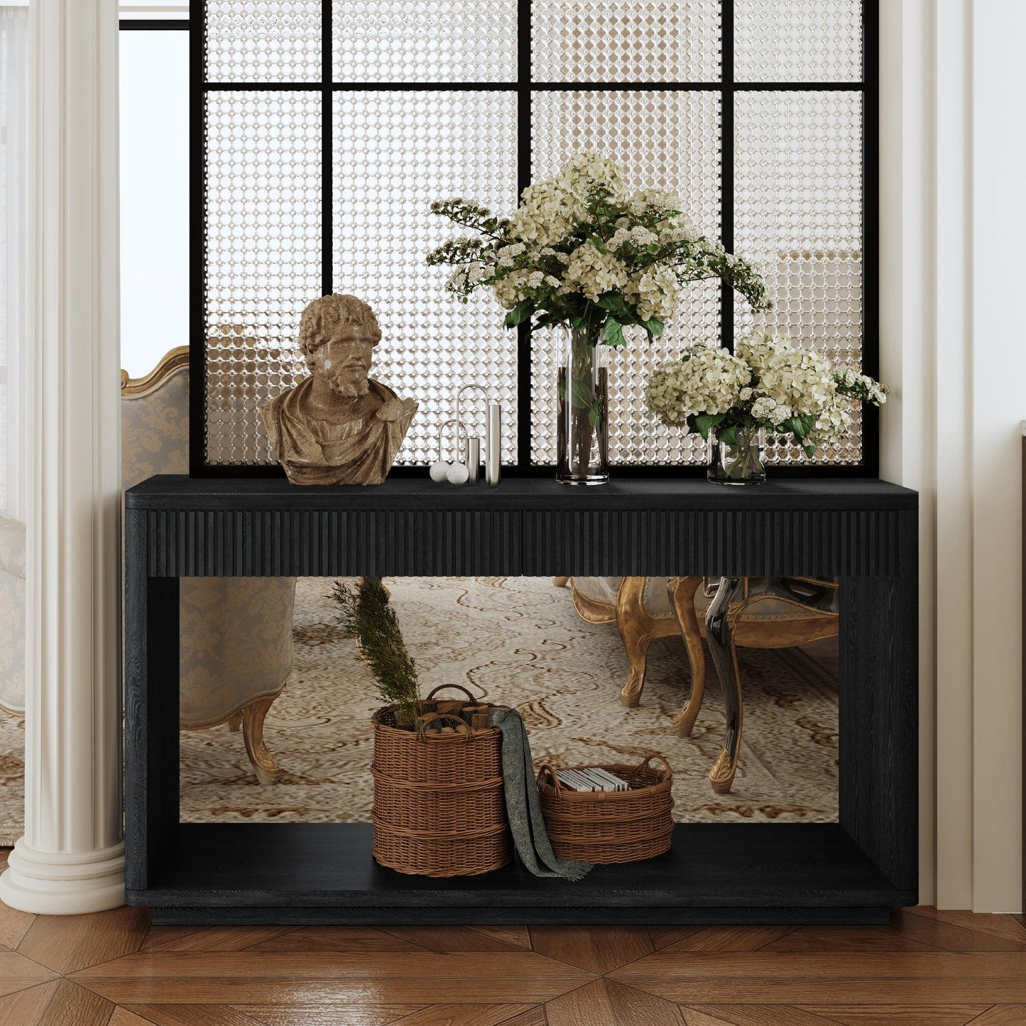 60' Modern 2-Drawer Fluted Console Table Natural Wood Veneer Sofa Table Behind Couch Table for Living Room, Hallway, Entryway, Home Office, Black