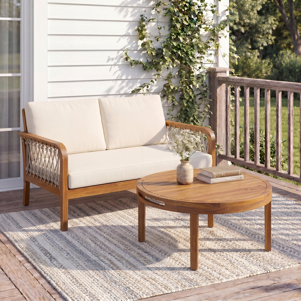 Outdoor Acacia Wood Loveseat & Coffee Table Set with Handwoven Rope