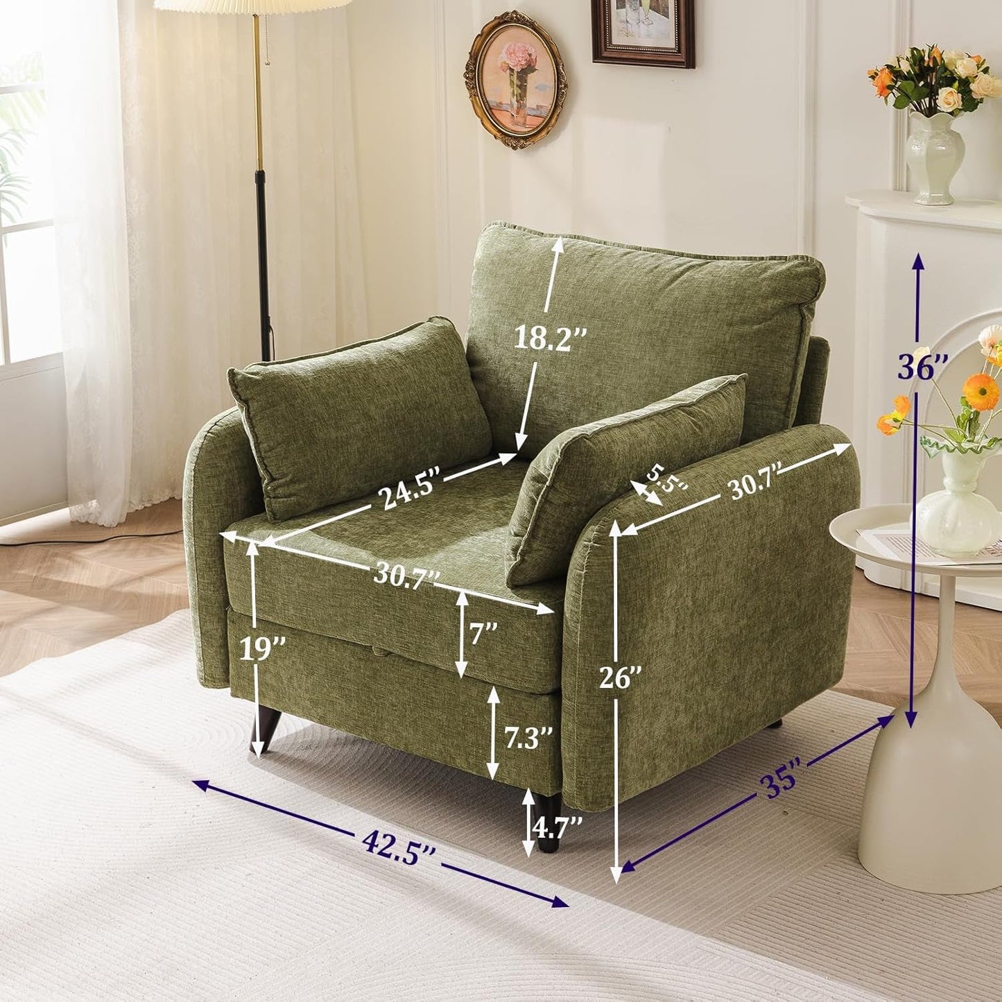 Green Chenille Oversized Accent Chair With Deep Storage