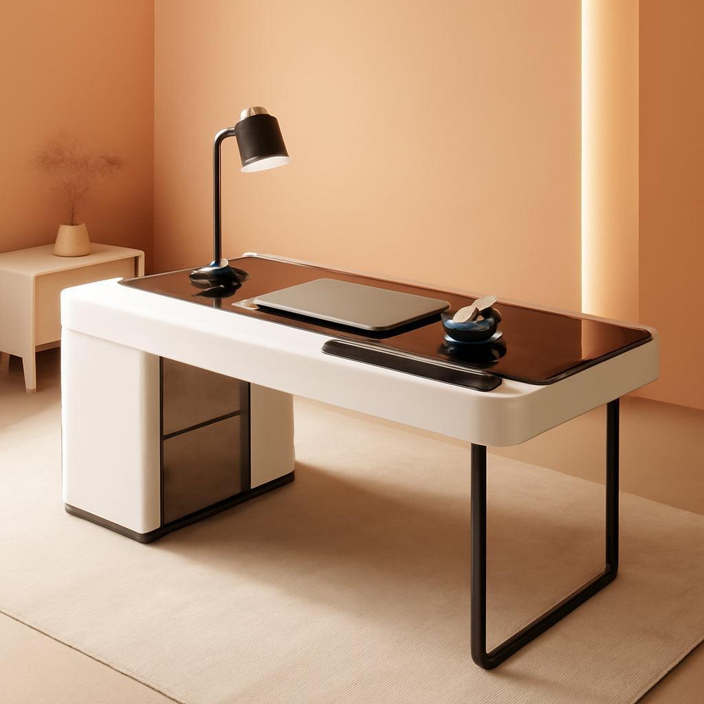 Ivory 50 Inch Office Computer Desk With Cabinet LED lights