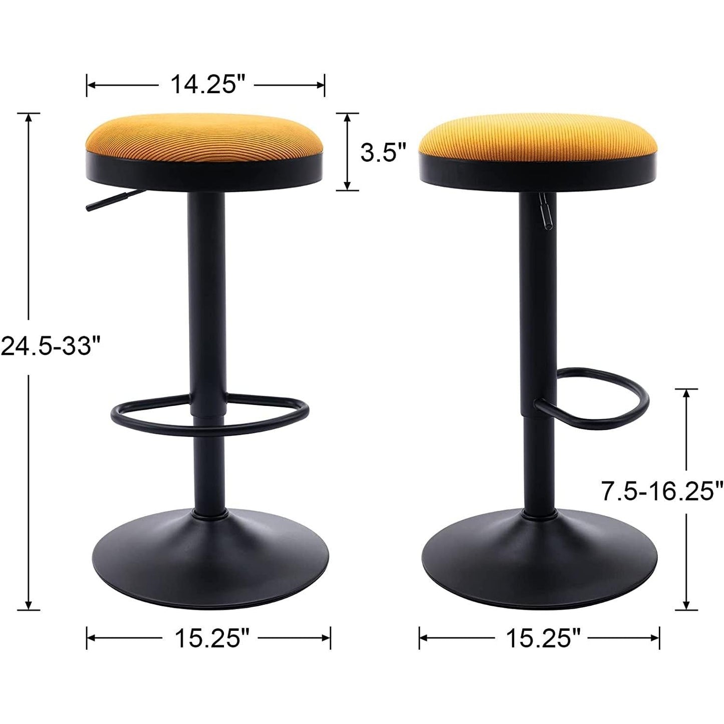 Yellow Fabric Swivel Bar Stool Set Of 2 Height Adjustable dimensions showing height and width specifications.