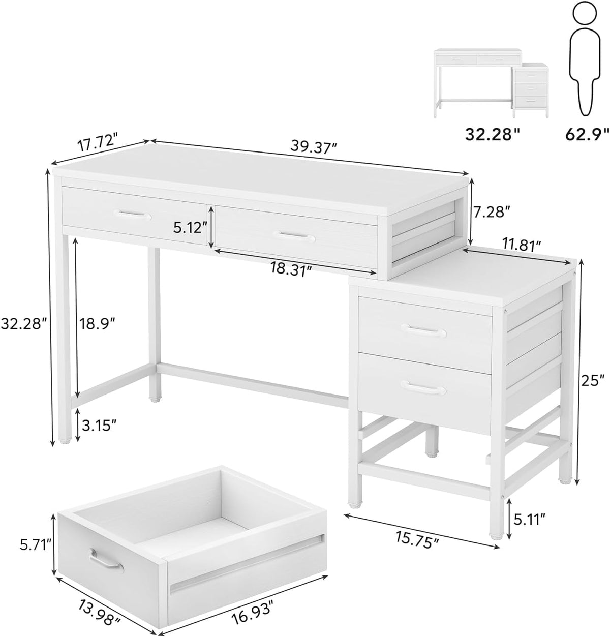 51" Reversible Computer Desk with 5 Drawers and File Cabinet