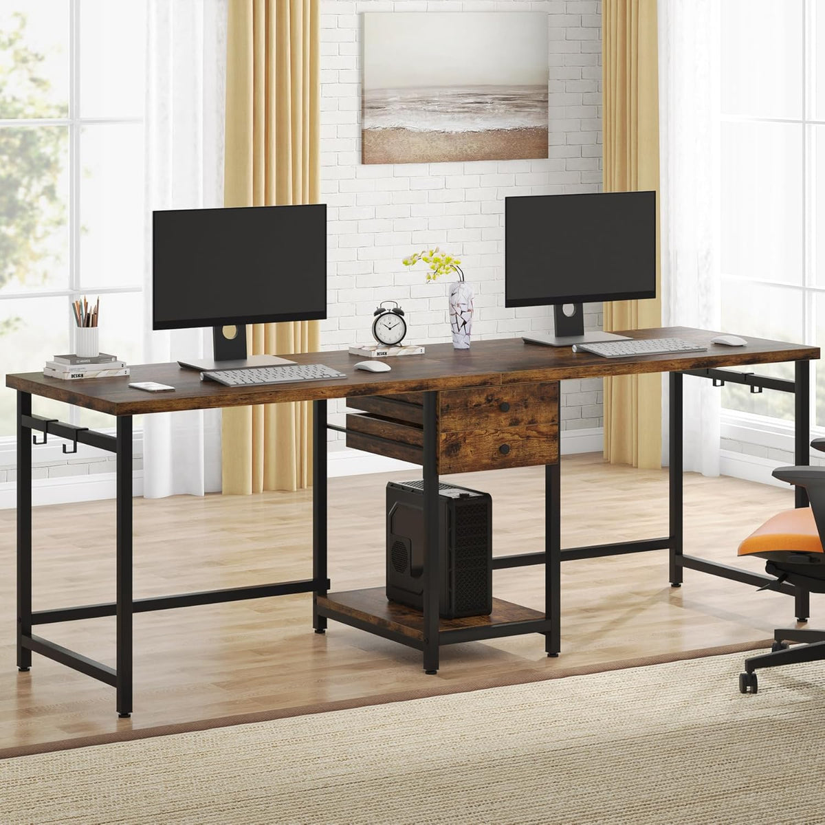 79-Inch Two Person Computer Desk with Drawers and Storage Shelves
