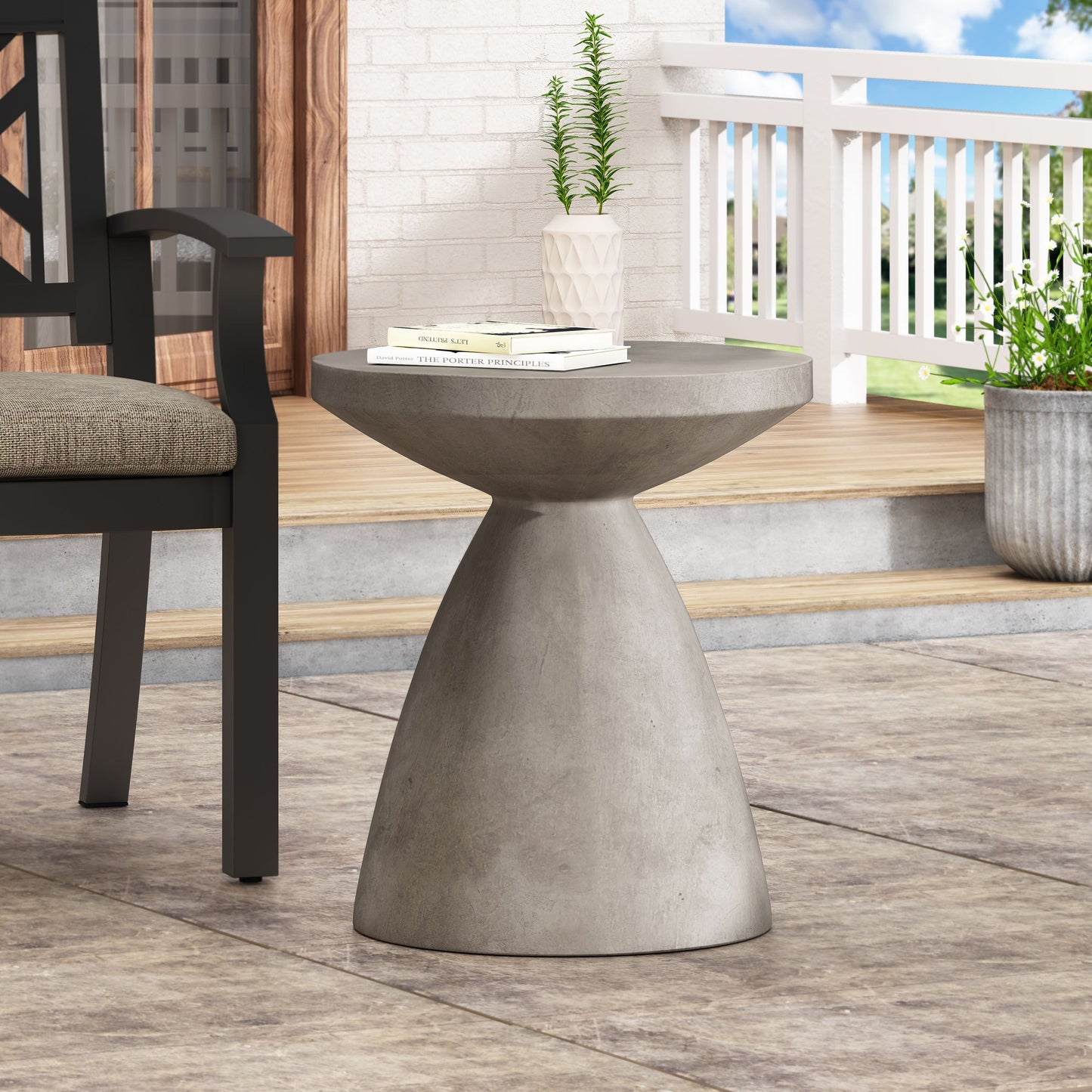 Modern Outdoor Lightweight Concrete Side Table with Hourglass Design in Natural Magnesium Oxide, 18x18x20.25 inches