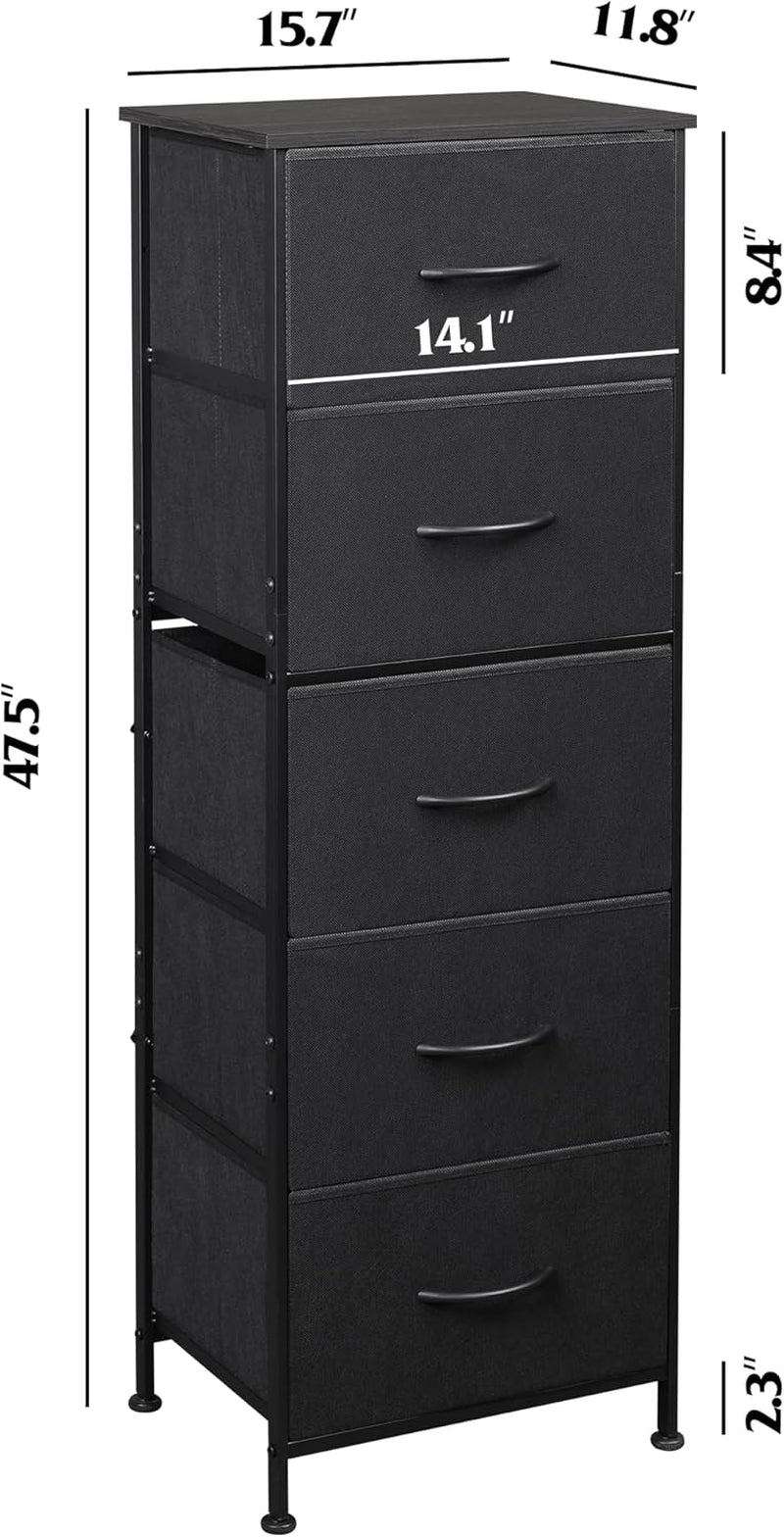 Fabric Dresser 5 Drawer Tall Storage Charcoal Black