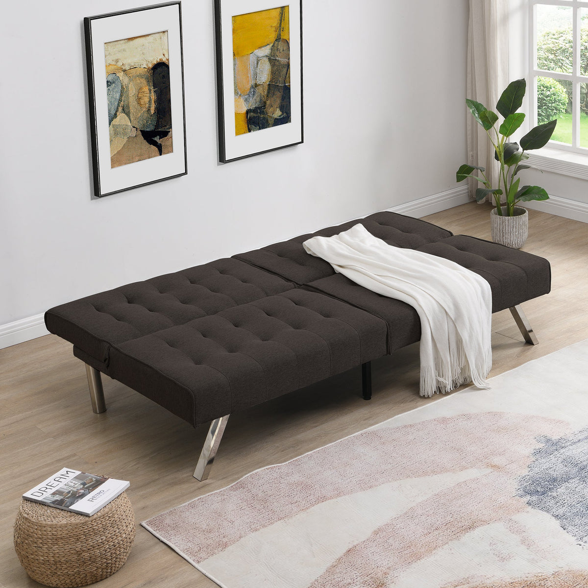 Wood Frame Stainless Leg Futon Sofa Bed