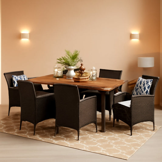 Outdoor 7 Piece Acacia Wood Wicker Dining Set Teak Finish