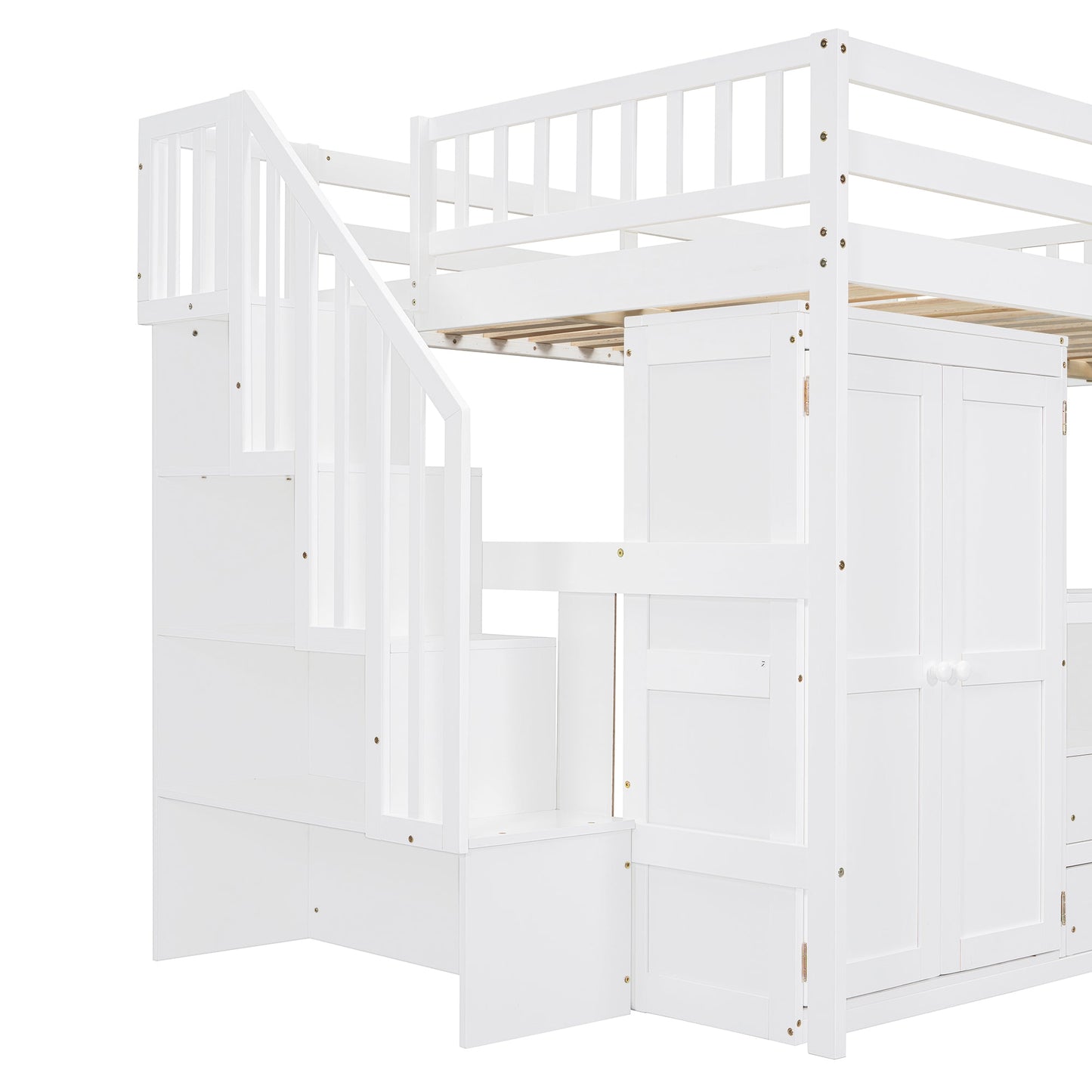 Full Size Loft Bed with Stairs, Bookshelf, Drawers, Desk & Wardrobe – Space-Saving Multifunctional Furniture for Kids & Teens-White