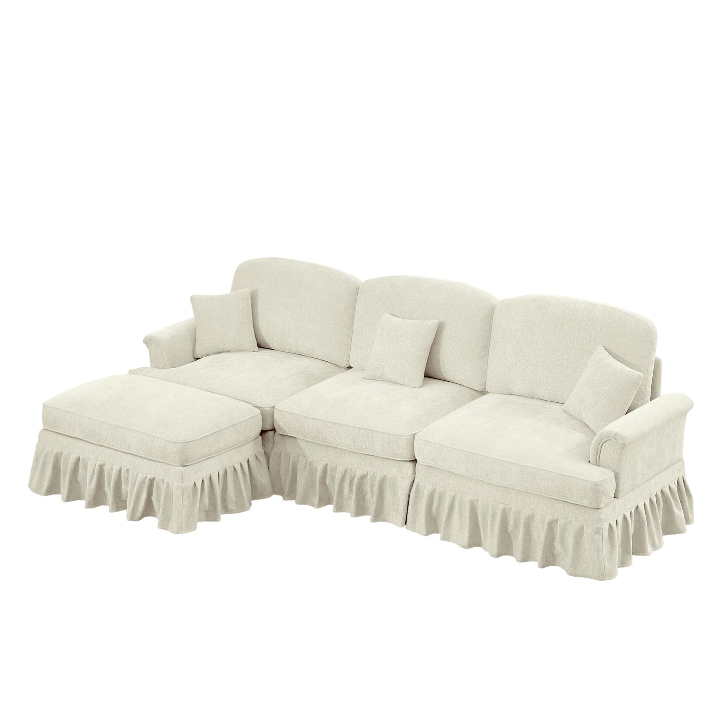 Mid Century Three Seater Modular L Shaped Sectional Couch with Flared Arms and Removable Ruffles Pleats Skirts and Spindle Legs, Comfy Chenille 3-Seat Deep Seat Sofa with Movable Ottoman, Beige White