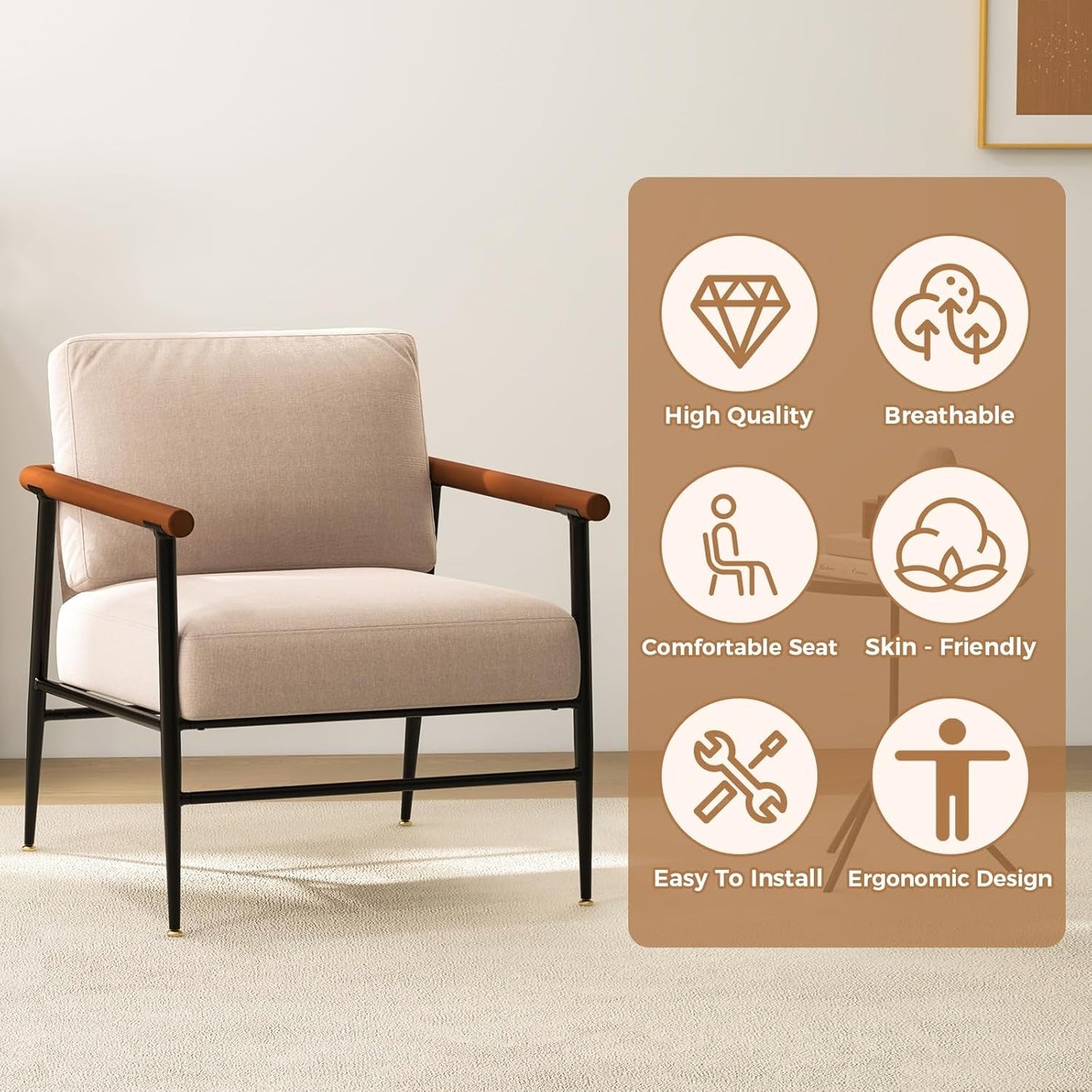 Mid Century Contemporary Accent Chair Linen Upholstery