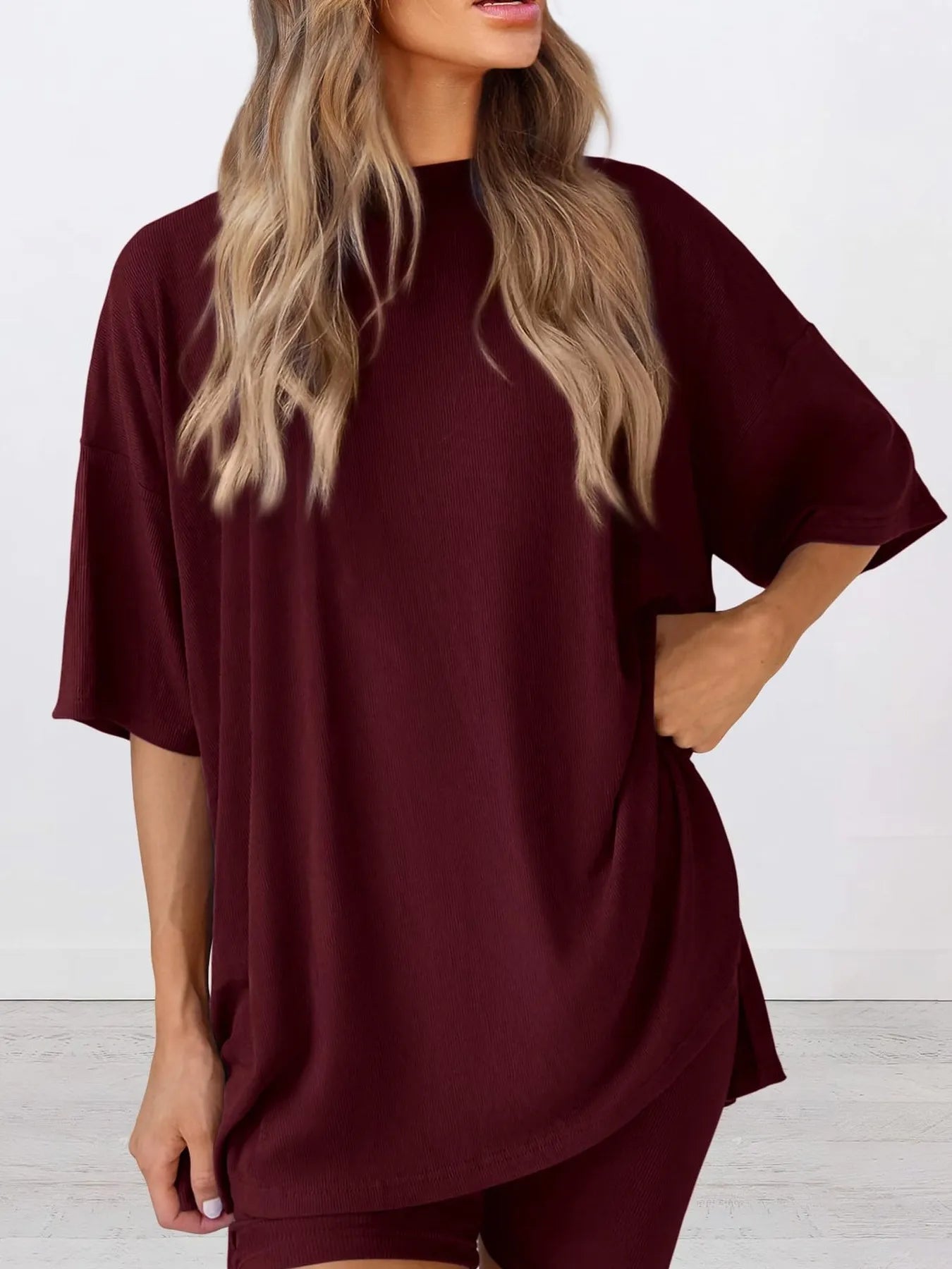 Oversized Slit Round Neck Top and Shorts Lounge Set Plus Size