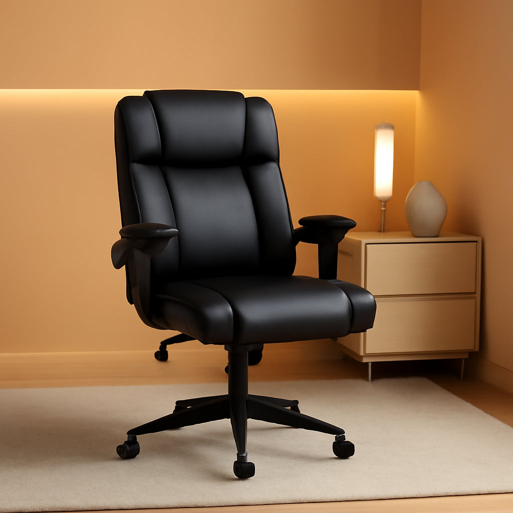 Black Leather Office Chair With Flip Up Armrests And Wheels
