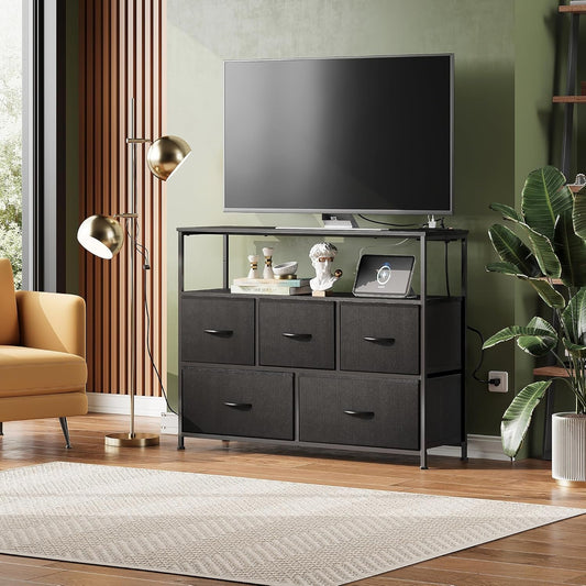 Dresser TV Stand Black With Built In Charging Station