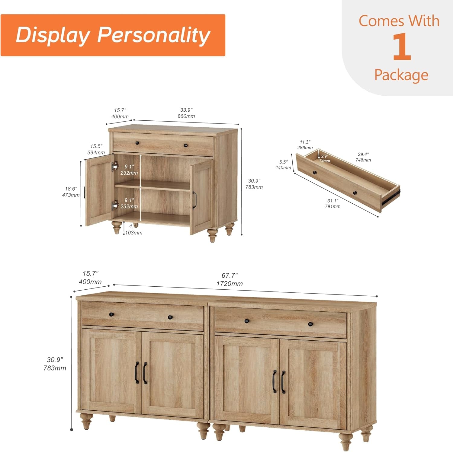 Oak Buffet Cabinet 68 Inch With 4 Doors And 2 Drawers dimensions and design features displayed in an informative layout.