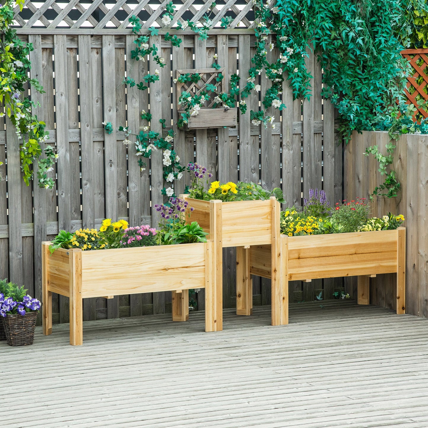 Outsunny Raised Garden Bed Set of 3, Wooden Elevated Planter Box with Legs and Bed Liner, for Backyard and Patio to Grow Vegetables, Herbs, and Flowers, Natural