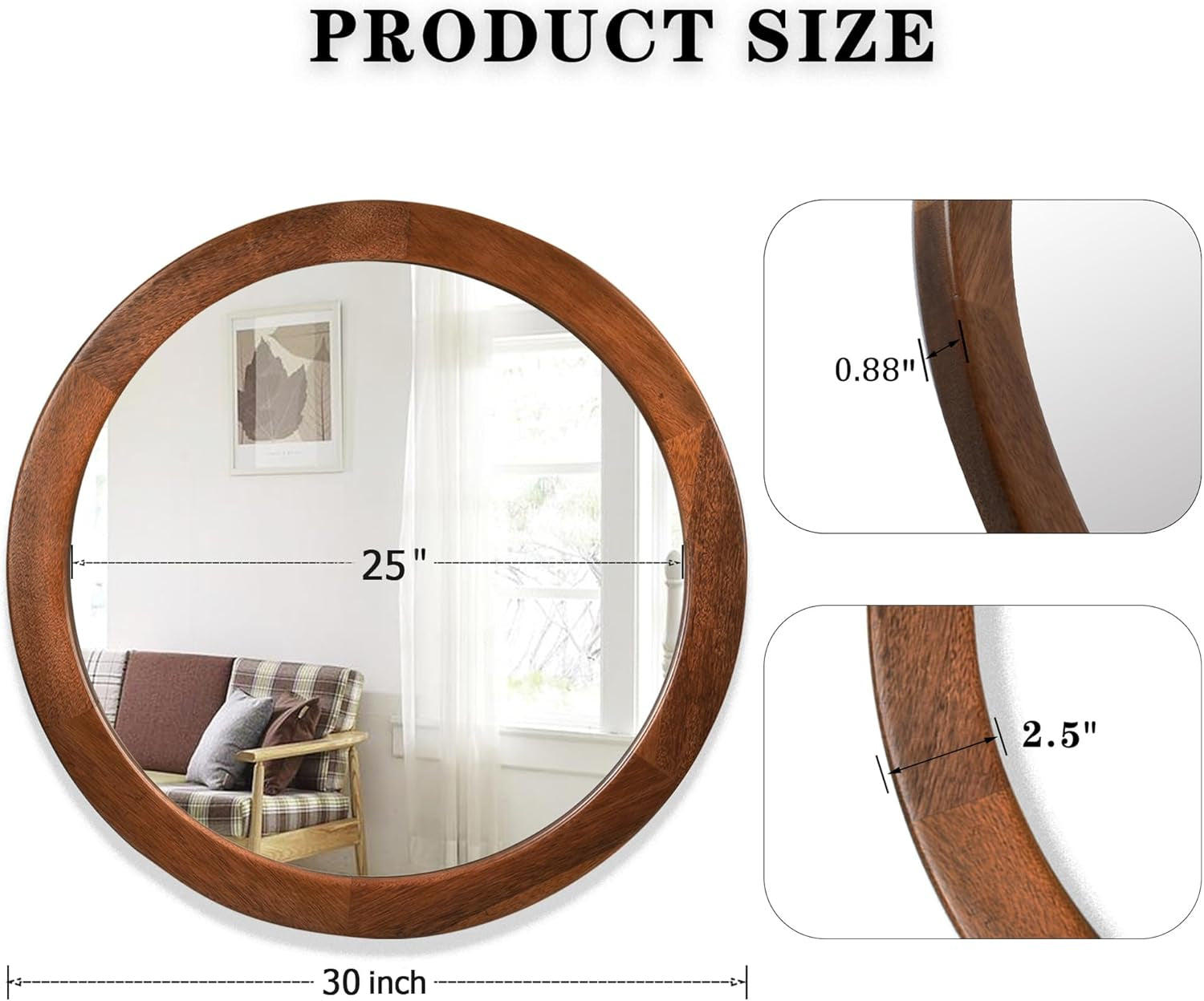 30 Inch Walnut Round Wall Mirror Rustic Style product size dimensions and details in a modern living room setting