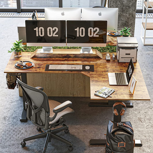 Electric Height Adjustable L Shaped Desk With File Cabinet