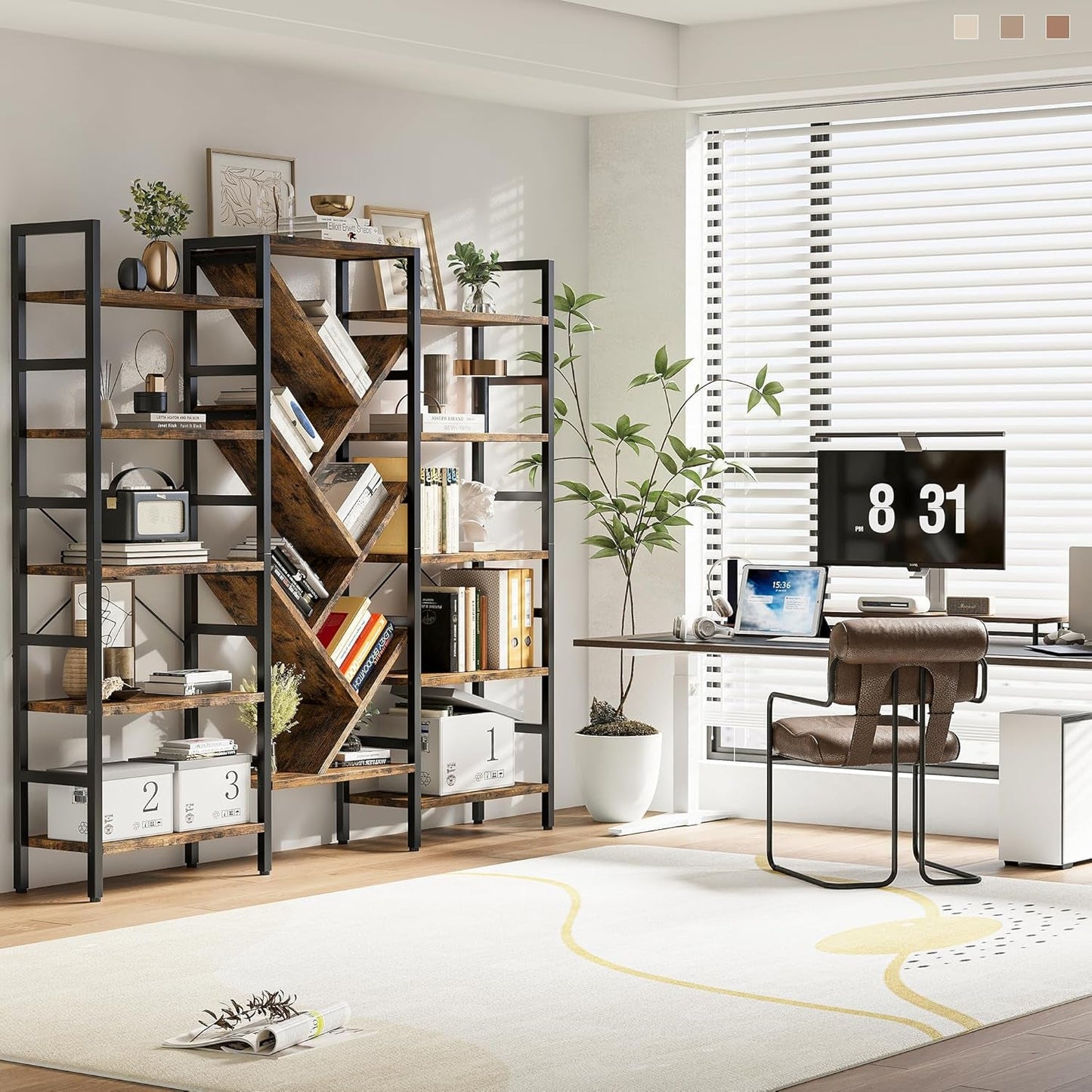 Rustic Brown 5 Tier Wooden Bookcase With Metal Frame