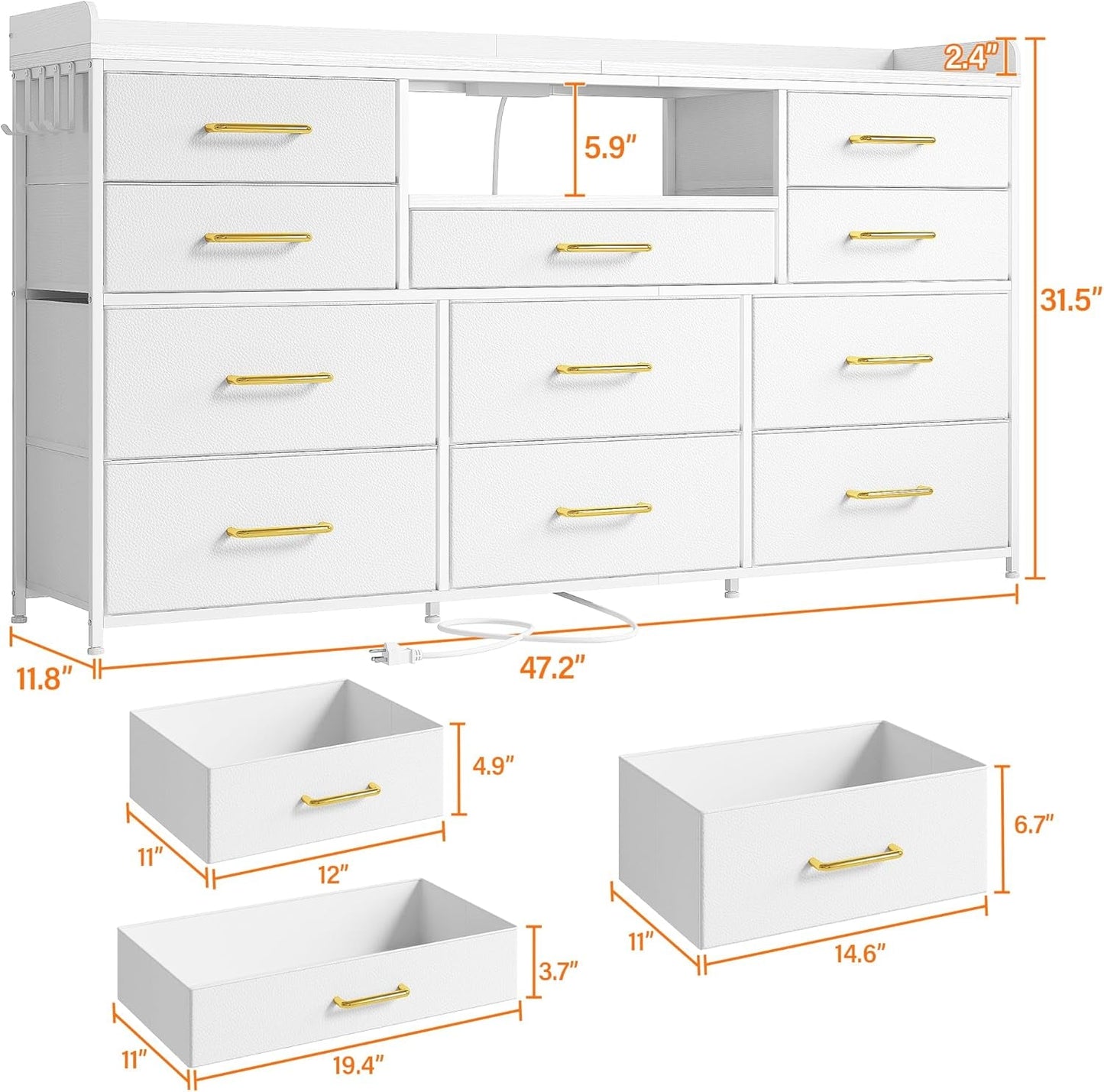 White Dresser TV Stand 60 Inch With LED And 11 Drawers