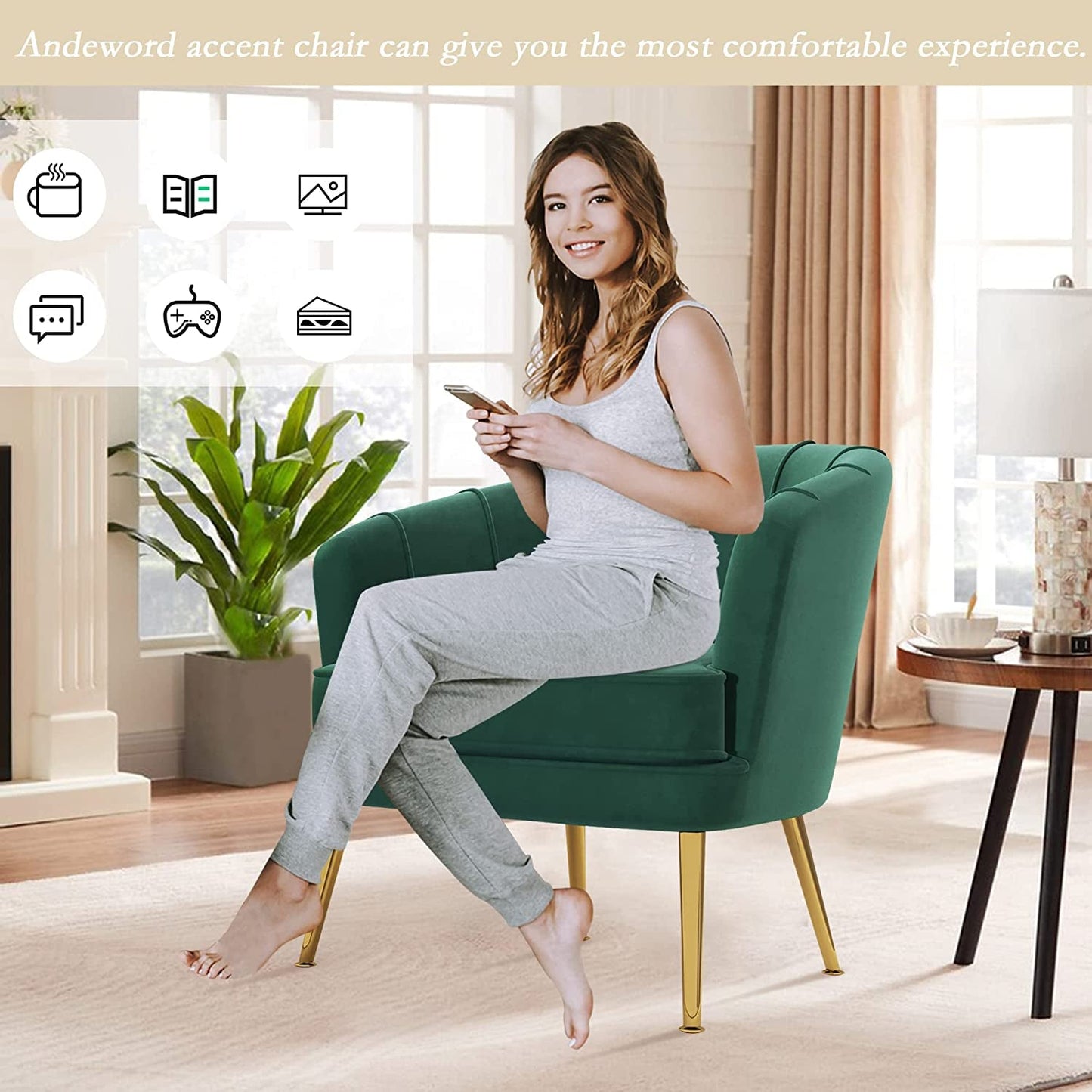 Green Velvet Accent Chair With Gold Legs For Living Room
