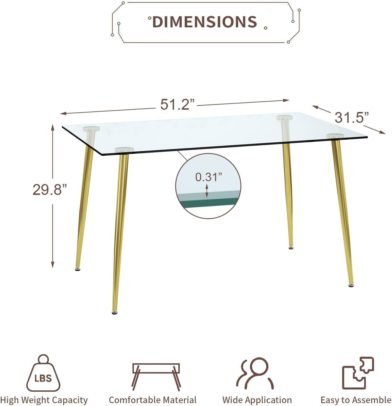 Glass Dining Table For 4 51 Inch Tempered Glass Gold Legs