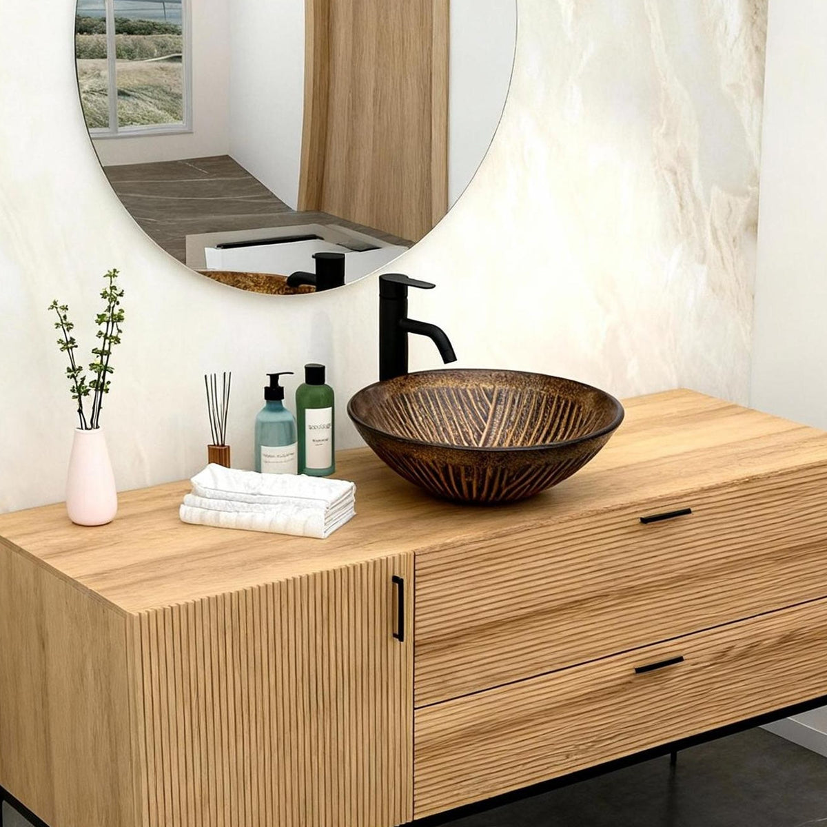 Artistic Feather Pattern Amber Tempered Glass Vessel Sink