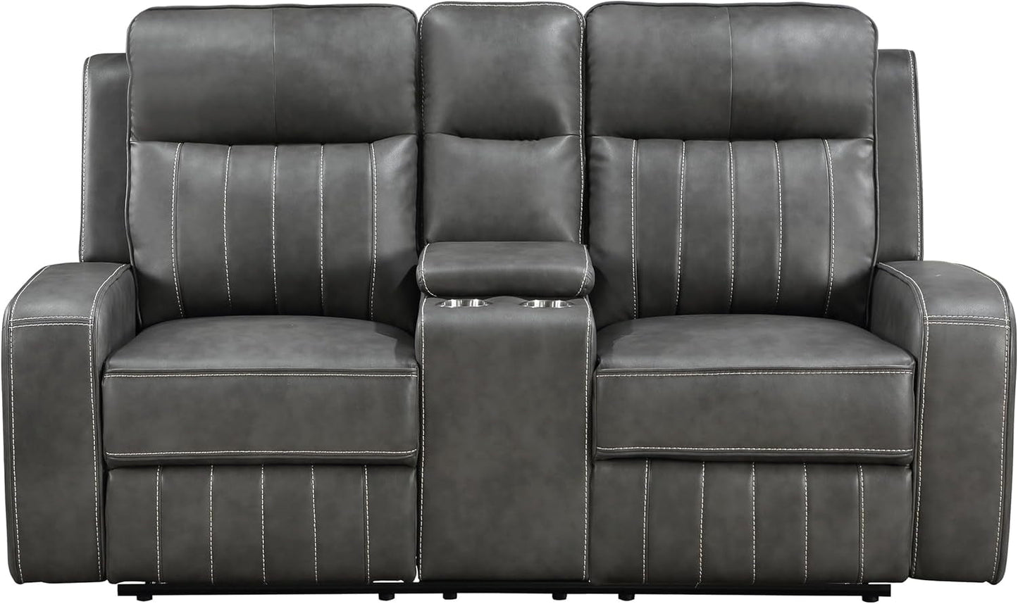 Gray Faux Leather Reclining Loveseat With Manual Recline