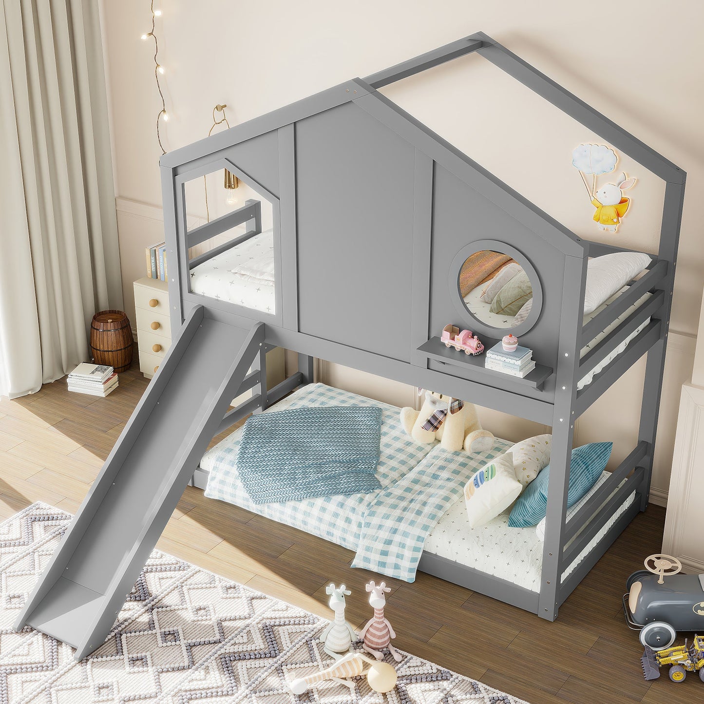 Twin House Bunk Bed with Slide and Storage Shelves