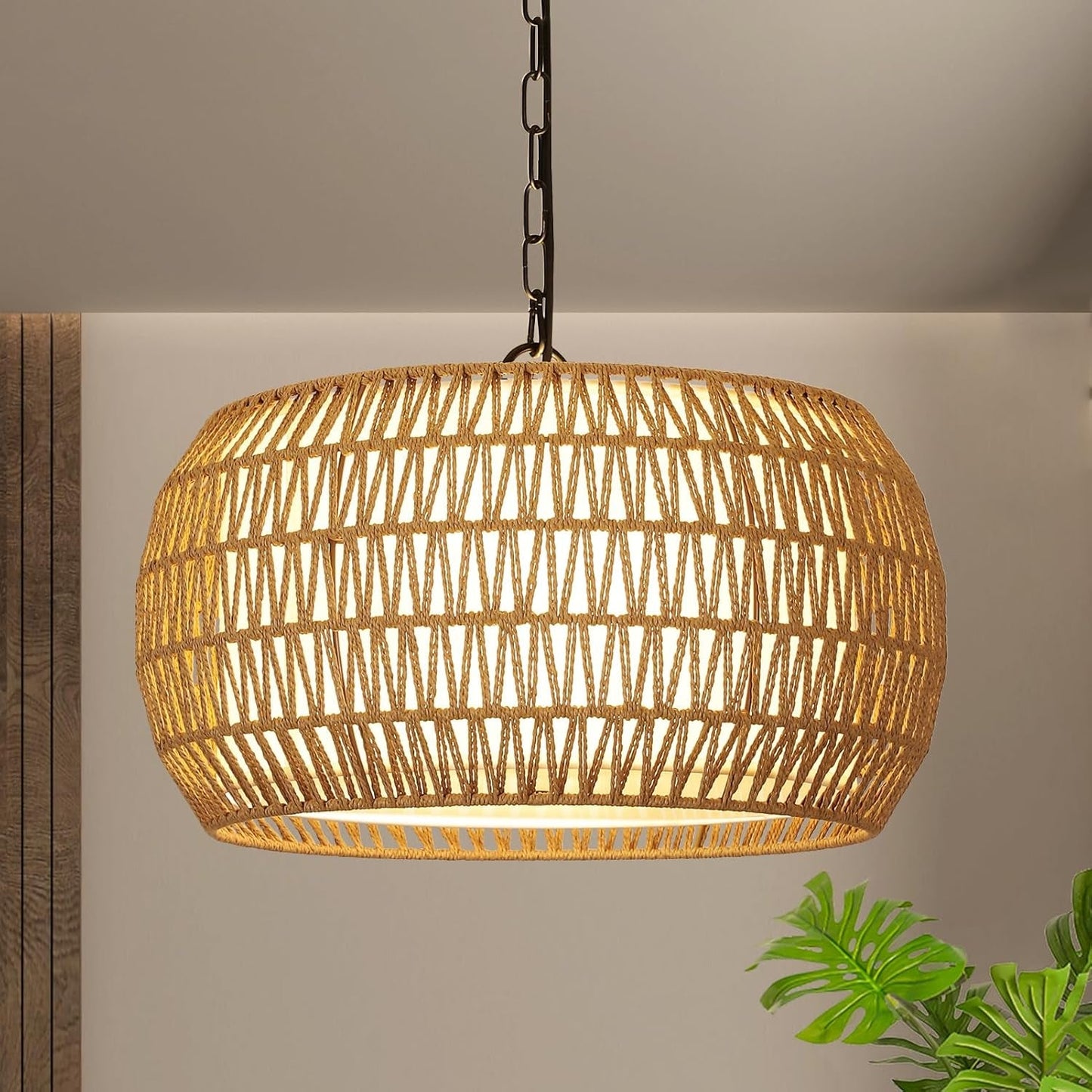 Rattan Farmhouse 5 Light Chandelier With Fabric Shade showcasing a woven rattan design illuminated softly.