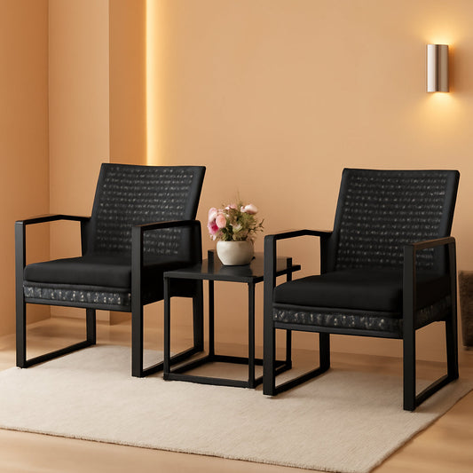 Three Piece Wicker Patio Bistro Set With Coffee Table Black Frame For Balcony Porch And Garden Outdoor