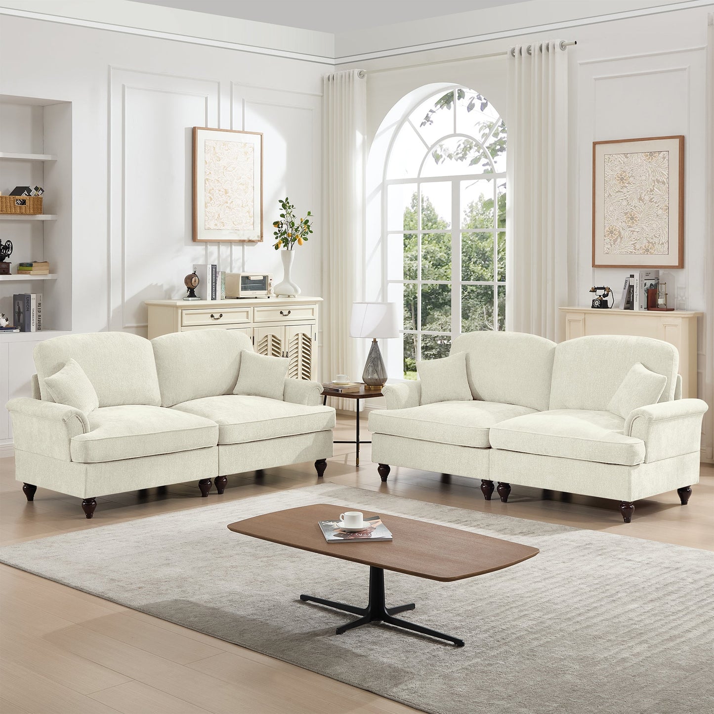 Classic 2 Piece Modular Couch Living Room Sofa Set with Flared Arms and Removable Ruffles Pleats Skirts and Spindle Legs, 2 Seater Sofa + 2-Seat Loveseat Sofa Sets for Living Room, Beige White