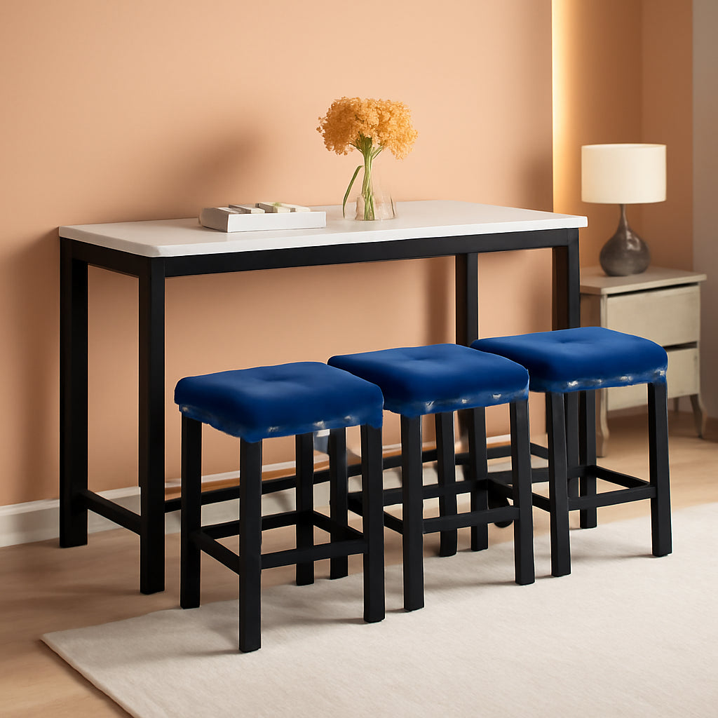 Blue Velvet Bar Table Set With 3 Stools Faux Marble Top