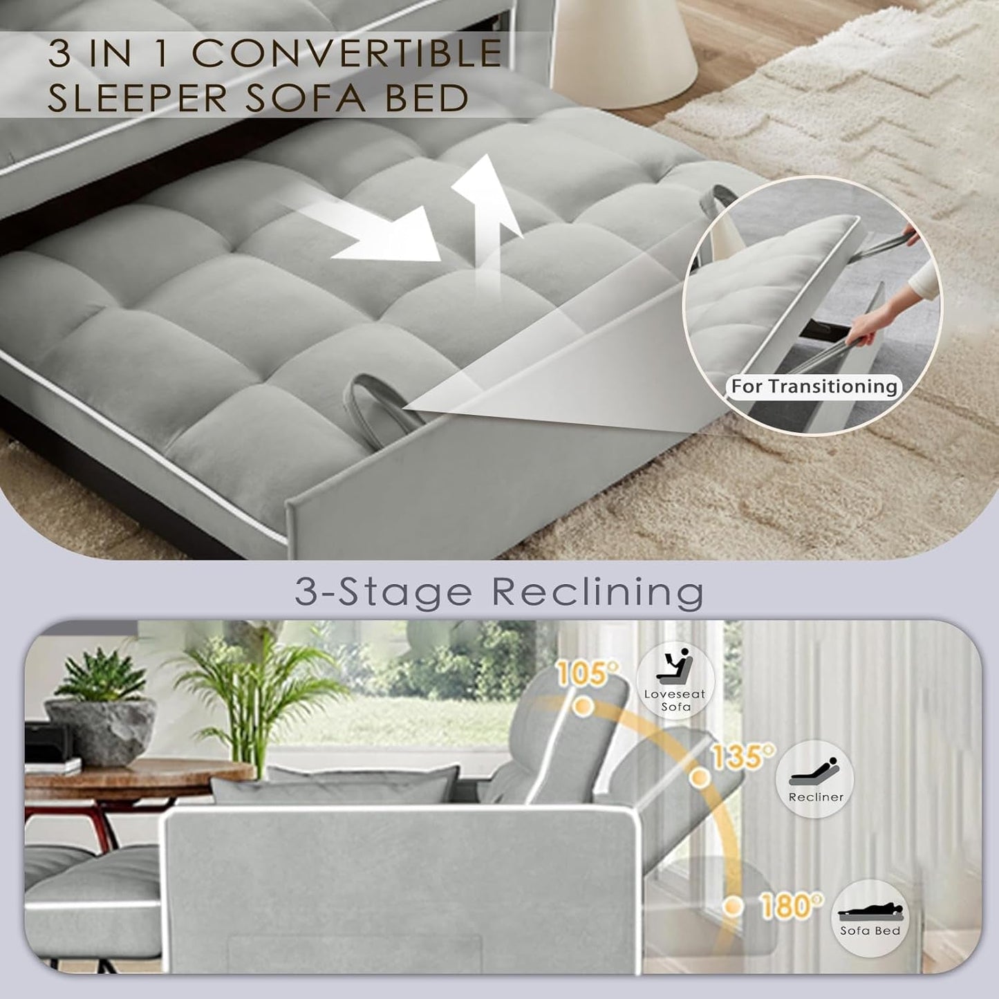 Grey Convertible Sleeper Loveseat Bed With ThreeInOne