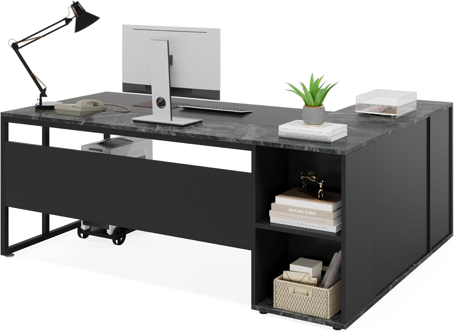 71 Inch Black L Shaped Executive Desk With Storage