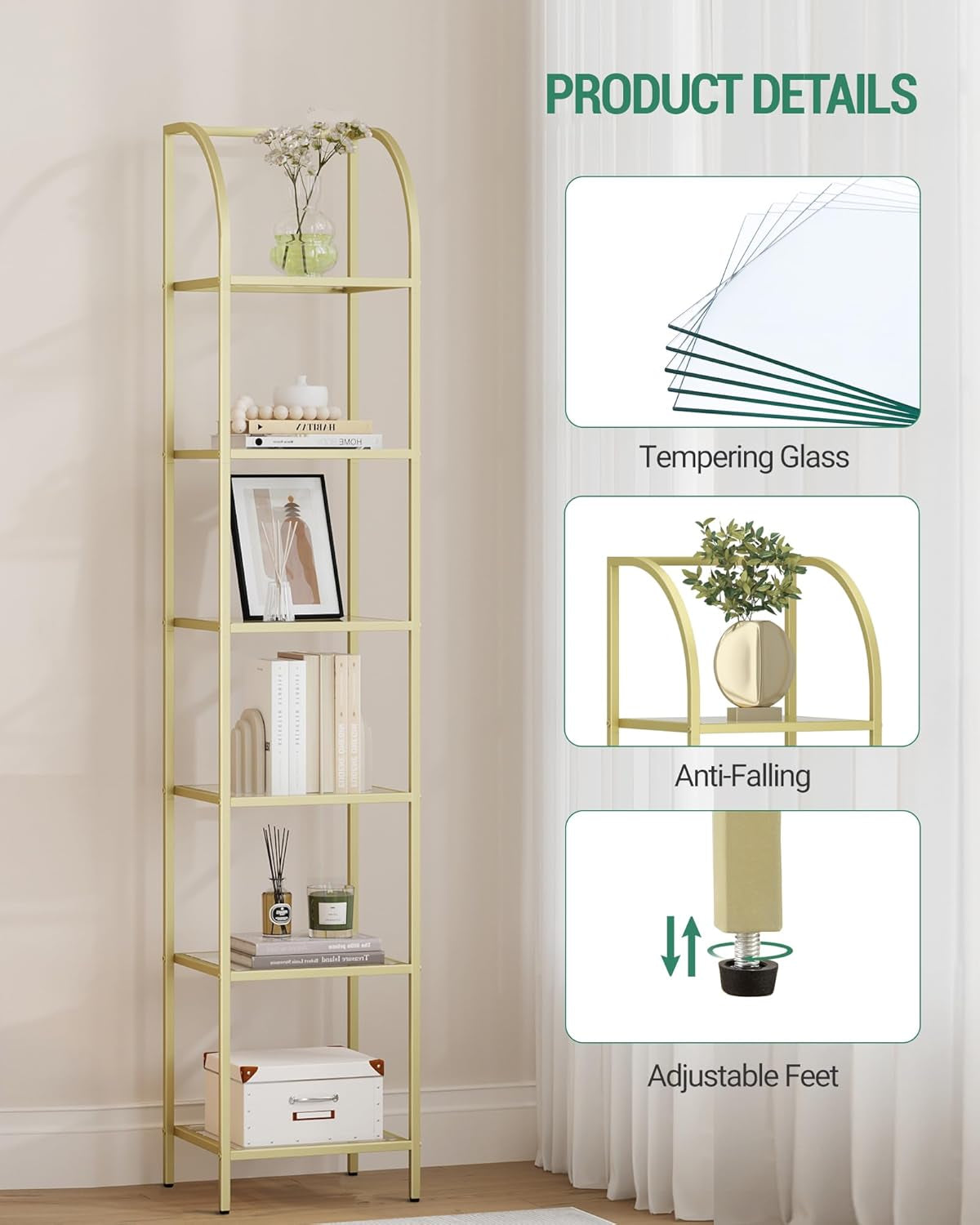 Bookcase Bookshelf 6 Tier Gold Tempered Glass Arched Top